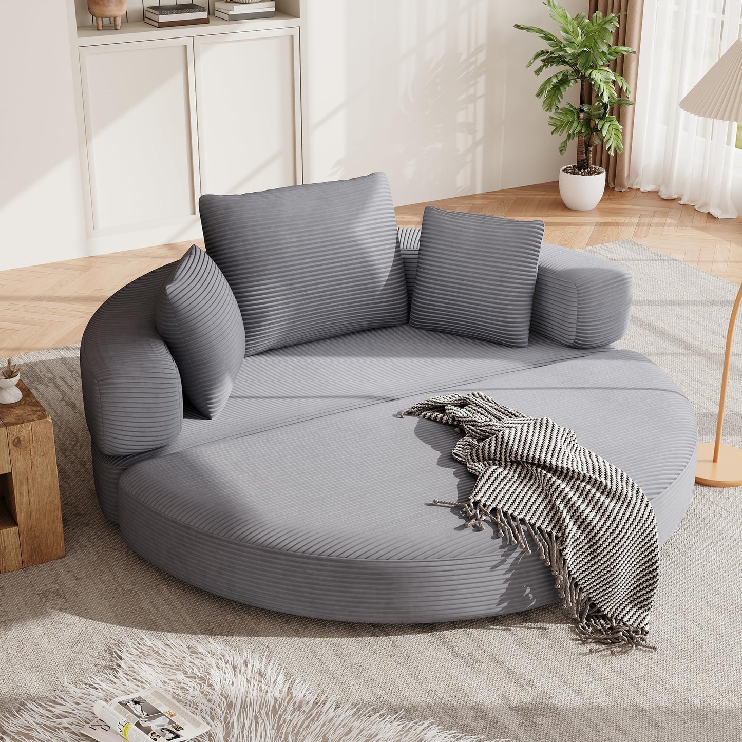 Multifunktionales freistehendes Klappsofabett (Boneless Couch) – Ovales Bett mit Kissen, modulares Sofa, Cordstoff-Bezug (173 x 176 cm), geeignet für Apartments, Wohnzimmer, Schlafzimmer (Braun Grau)