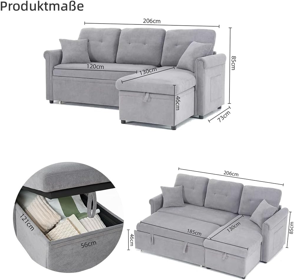 206cm Modulares 3-Sitzer L-förmige Ecksofa, Sofa mit Schlaffunktion, Grau | ausziehbarem Schlafsofa, Couch mit Stauraum und Seitentaschen, aus weichem Chenille, für Wohnzimmer und Schlafzimmer