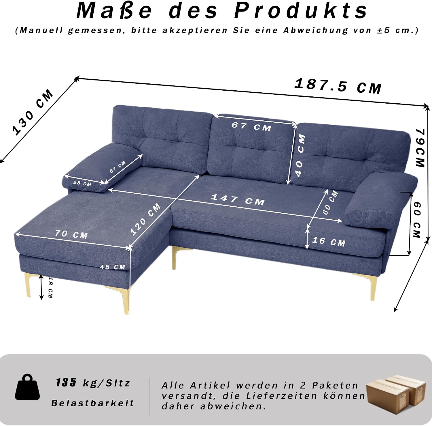 187cm Modulares L-förmige Ecksofa, Sofa mit Schlaffunktion, Schlafsofa aus weichem Chenille und Metallfüße, Bequemes Couch, Tiefes Sitzdesign, Für Wohnzimmer und Schlafzimmer, Blau