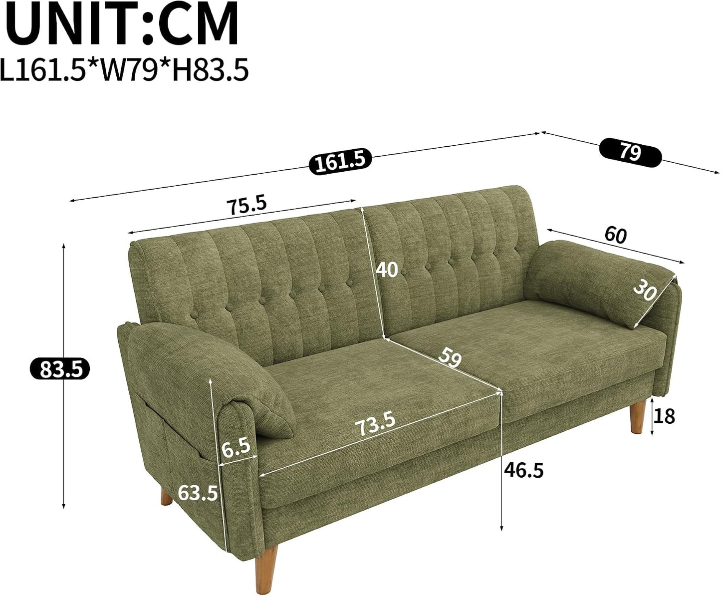 Modernes 2-Sitzer-Sofa aus Chenille mit dickem Sitzpolster, getufteter Rückenlehne, 2 Armlehnenkissen und Seitentaschen; Massivholzbeine, leicht zu montieren, ideal für Wohnung & kleine Räume, Green