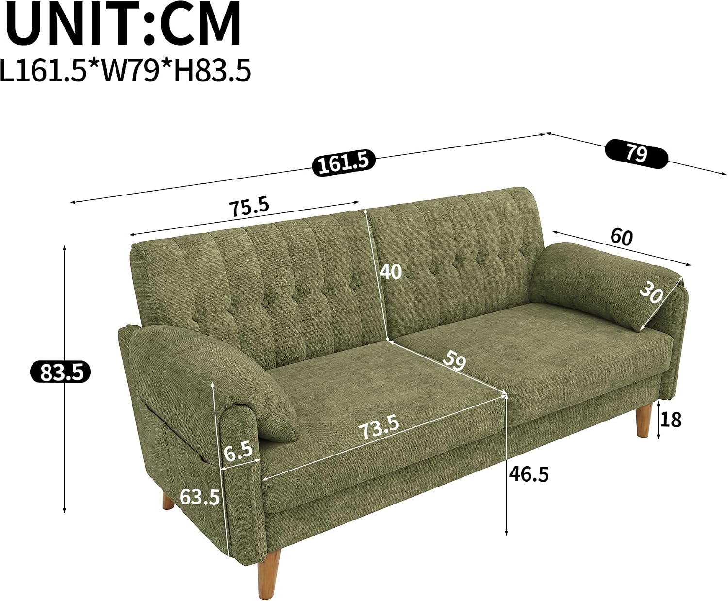 Modernes 2-Sitzer-Sofa aus Chenille mit dickem Sitzpolster, getufteter Rückenlehne, 2 Armlehnenkissen und Seitentaschen; Massivholzbeine, leicht zu montieren, ideal für Wohnung & kleine Räume, Green