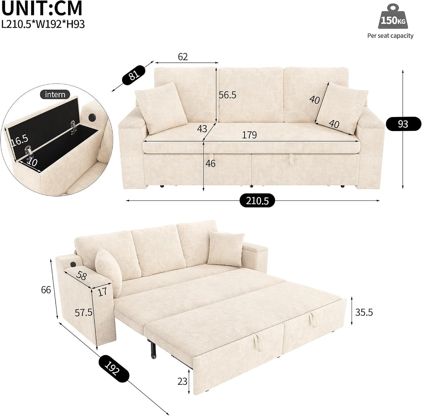 210cm Multifunktionales 3‑Sitzer Sofa mit Schlaffunktion, ausziehbarem Schlafsofa, Couch mit Stauraum, Armlehnen‑Stauraum und USB‑Ladeanschluss, Für Wohnzimmer und Schlafzimmer, Beige
