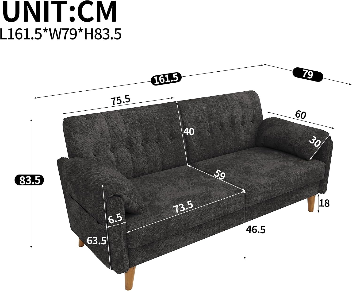 161cm Modernes 2-Sitzer-Sofa aus weichem Chenille, Sofa mit Schlaffunktion | Couch mit 2 Armlehnenkissen und Seitentaschen, Massivholzbeine, leicht zu montieren, ideal für Wohnung & kleine Räume