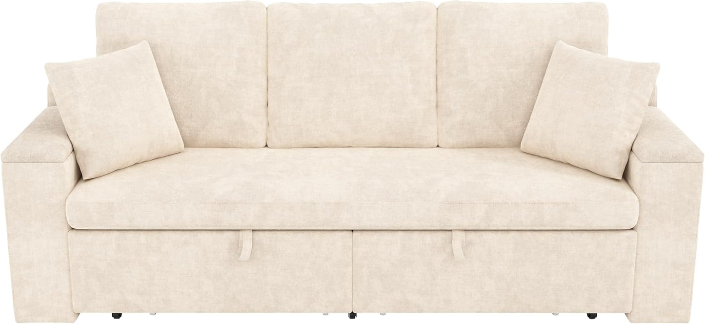 210cm Multifunktionales 3‑Sitzer Sofa mit Schlaffunktion, ausziehbarem Schlafsofa, Couch mit Stauraum, Armlehnen‑Stauraum und USB‑Ladeanschluss, Für Wohnzimmer und Schlafzimmer, Beige