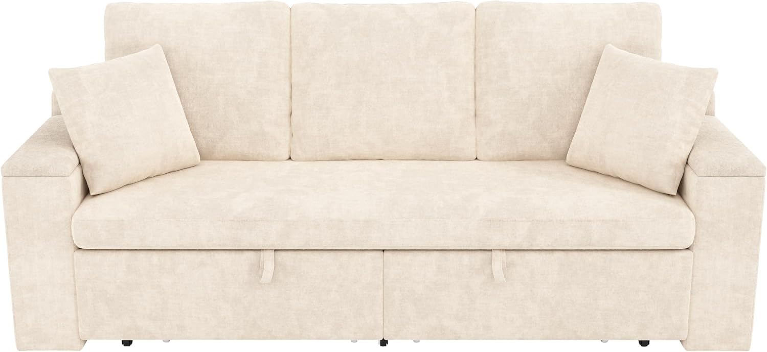 210cm Multifunktionales 3‑Sitzer Sofa mit Schlaffunktion, ausziehbarem Schlafsofa, Couch mit Stauraum, Armlehnen‑Stauraum und USB‑Ladeanschluss, Für Wohnzimmer und Schlafzimmer, Beige