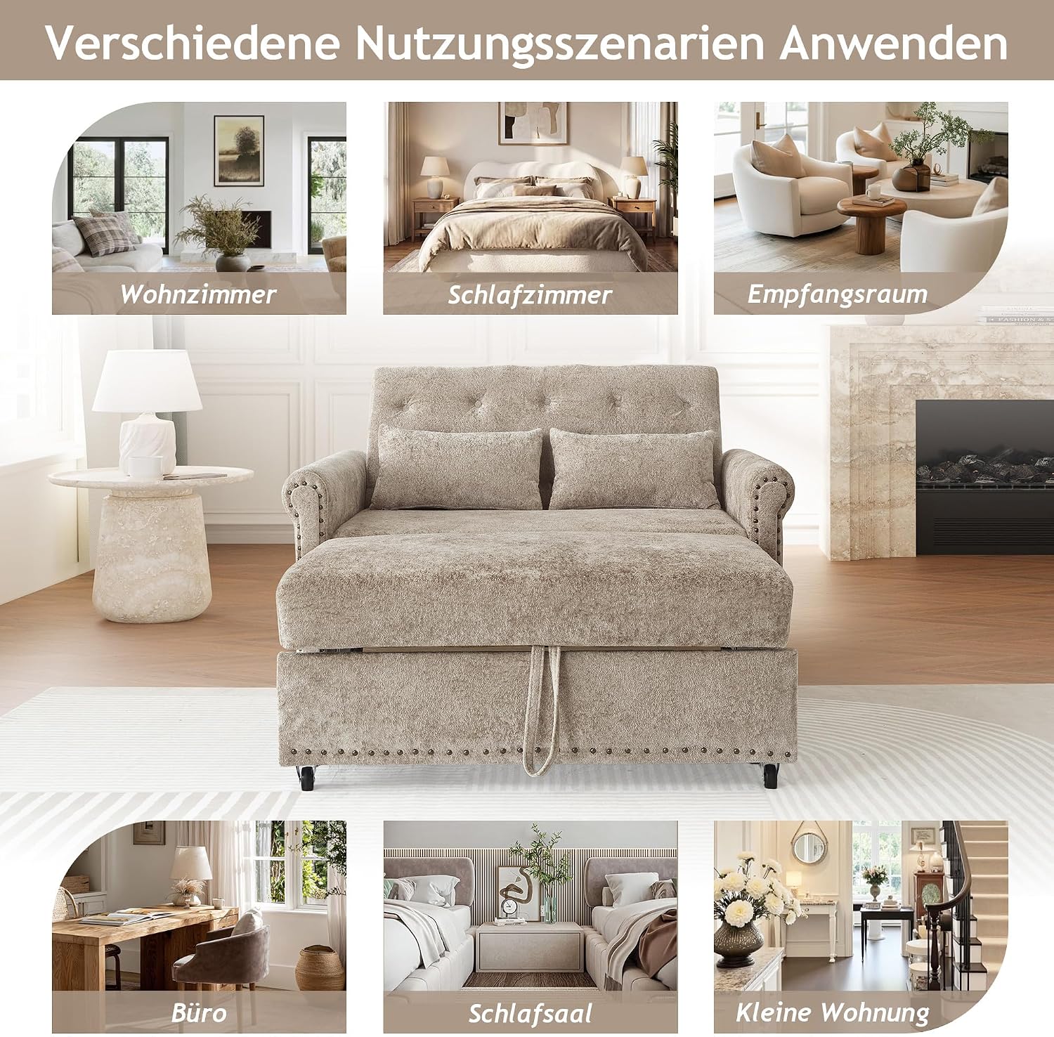 Multifunktional Schlafsofa, Couch mit Schlaffunktion, modulares 2-Sitzer Sofa mit 3-fach verstellbarer Rückenlehne und 2 Komfort-Kissen, aus Chenille-Stoff, Für Wohnzimmer und Schlafzimmer, Braun