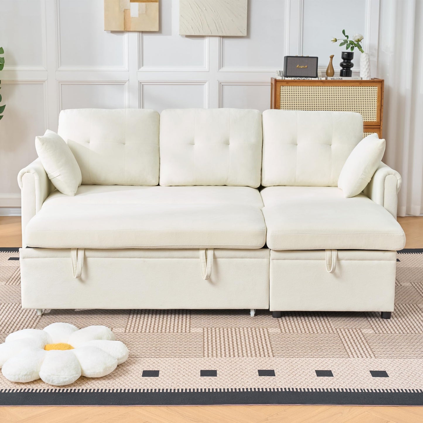206cm Modulares 3-Sitzer L-förmige Ecksofa, Sofa mit Schlaffunktion, Grau | ausziehbarem Schlafsofa, Couch mit Stauraum und Seitentaschen, aus weichem Chenille, für Wohnzimmer und Schlafzimmer