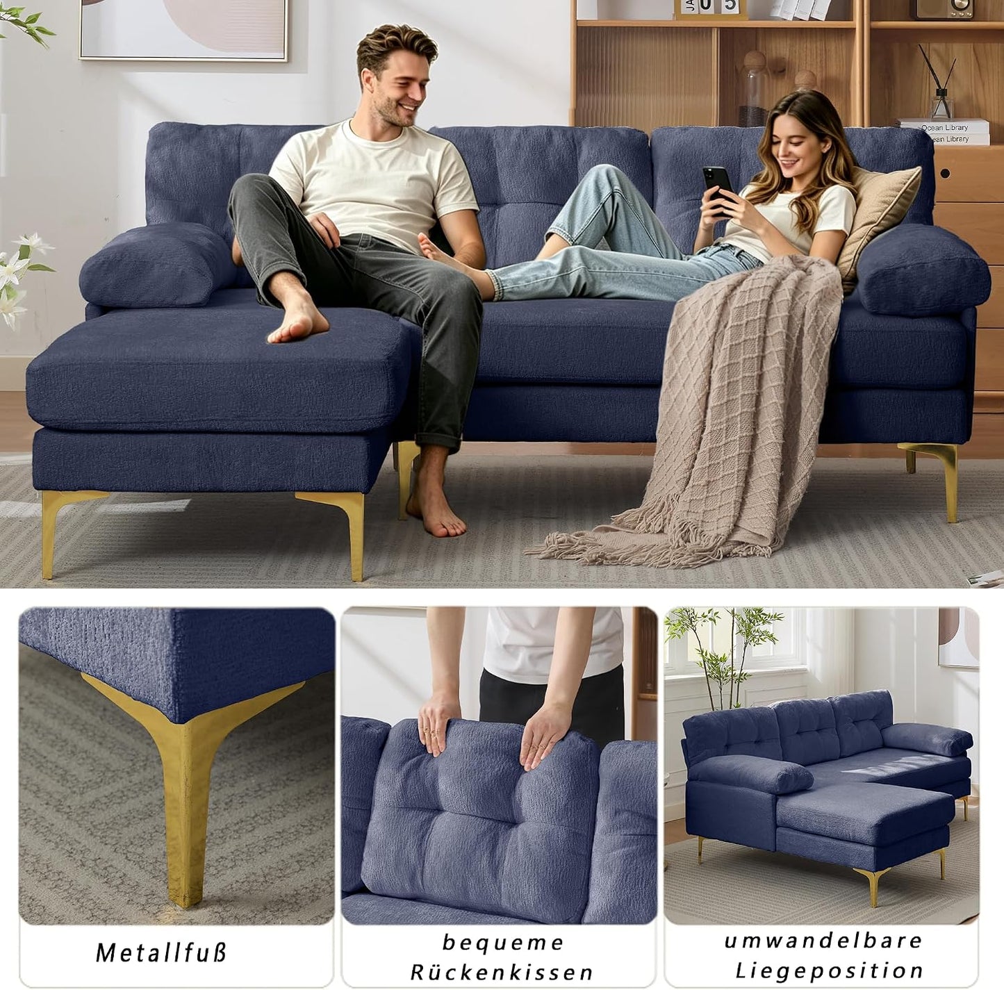 187cm Modulares L-förmige Ecksofa, Sofa mit Schlaffunktion, Schlafsofa aus weichem Chenille und Metallfüße, Bequemes Couch, Tiefes Sitzdesign, Für Wohnzimmer und Schlafzimmer, Blau