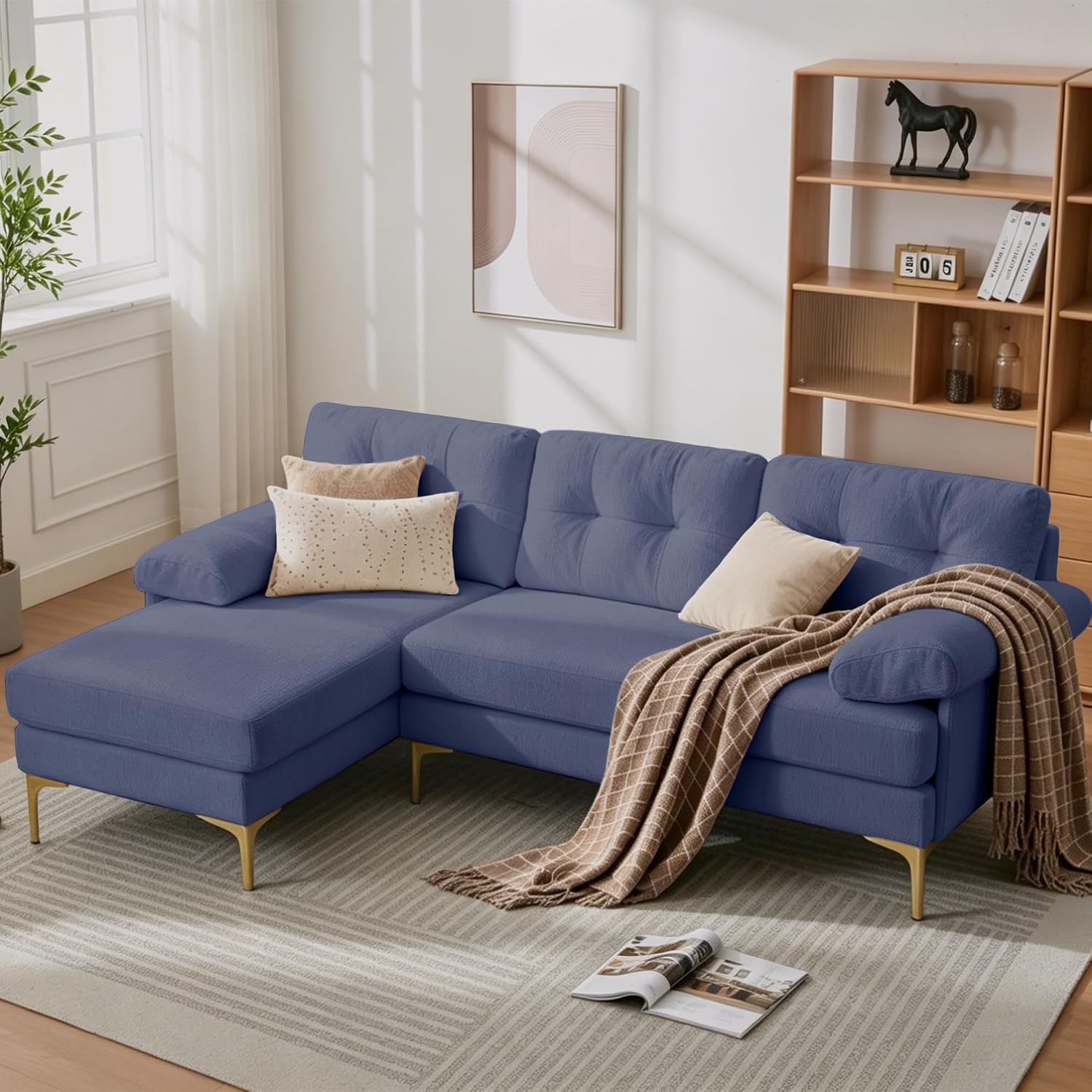 187cm Modulares L-förmige Ecksofa, Sofa mit Schlaffunktion, Schlafsofa aus weichem Chenille und Metallfüße, Bequemes Couch, Tiefes Sitzdesign, Für Wohnzimmer und Schlafzimmer, Blau