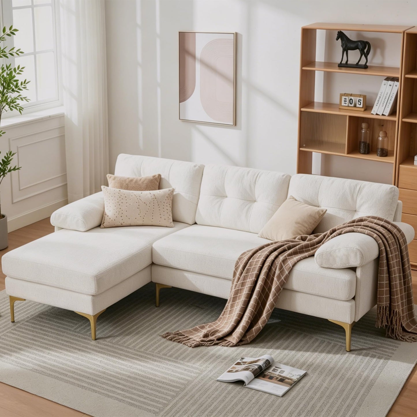 187cm Modulares L-förmige Ecksofa, Sofa mit Schlaffunktion, Schlafsofa aus weichem Chenille und Metallfüße, Bequemes Couch, Tiefes Sitzdesign, Für Wohnzimmer und Schlafzimmer, Blau
