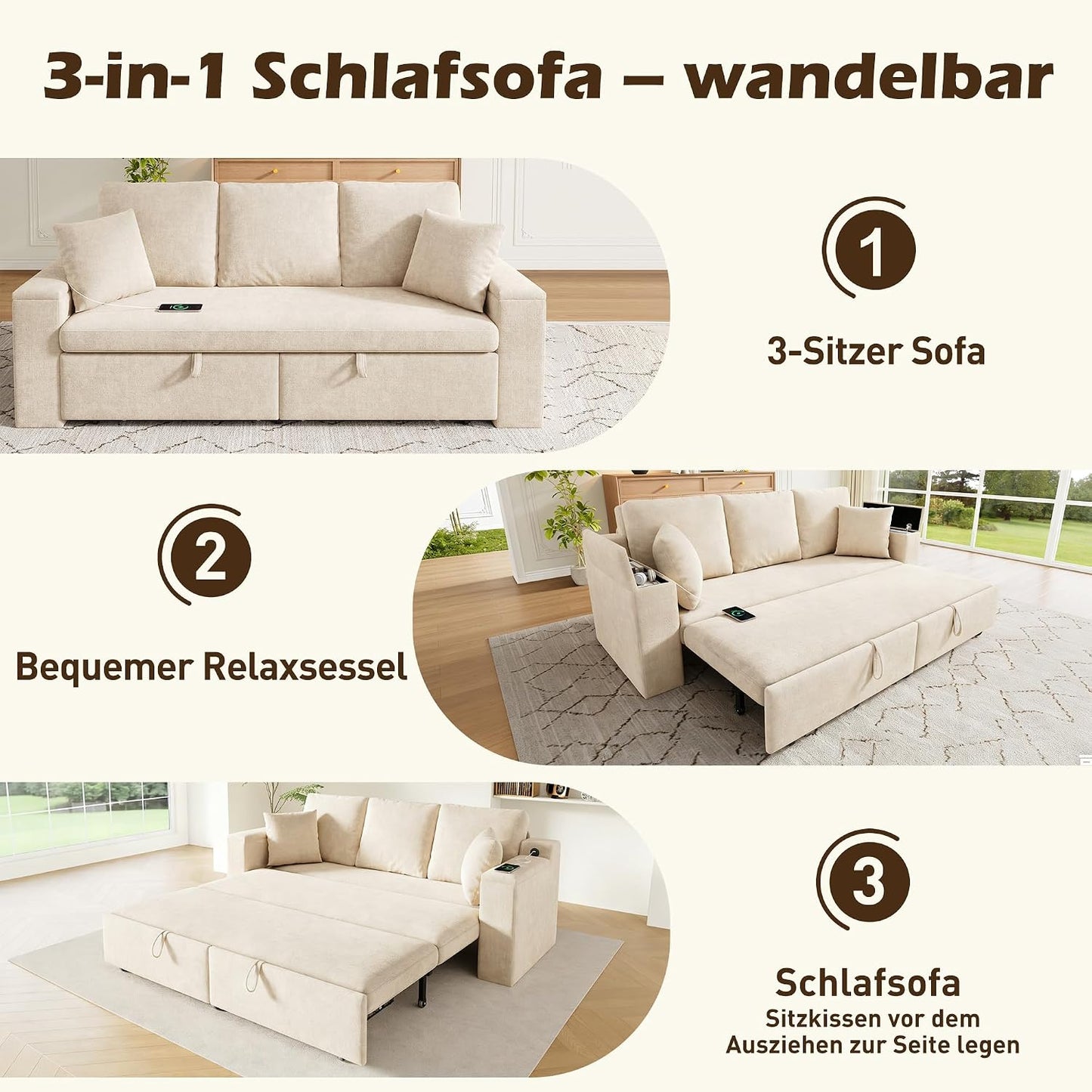 210cm Multifunktionales 3‑Sitzer Sofa mit Schlaffunktion, ausziehbarem Schlafsofa, Couch mit Stauraum, Armlehnen‑Stauraum und USB‑Ladeanschluss, Für Wohnzimmer und Schlafzimmer, Beige