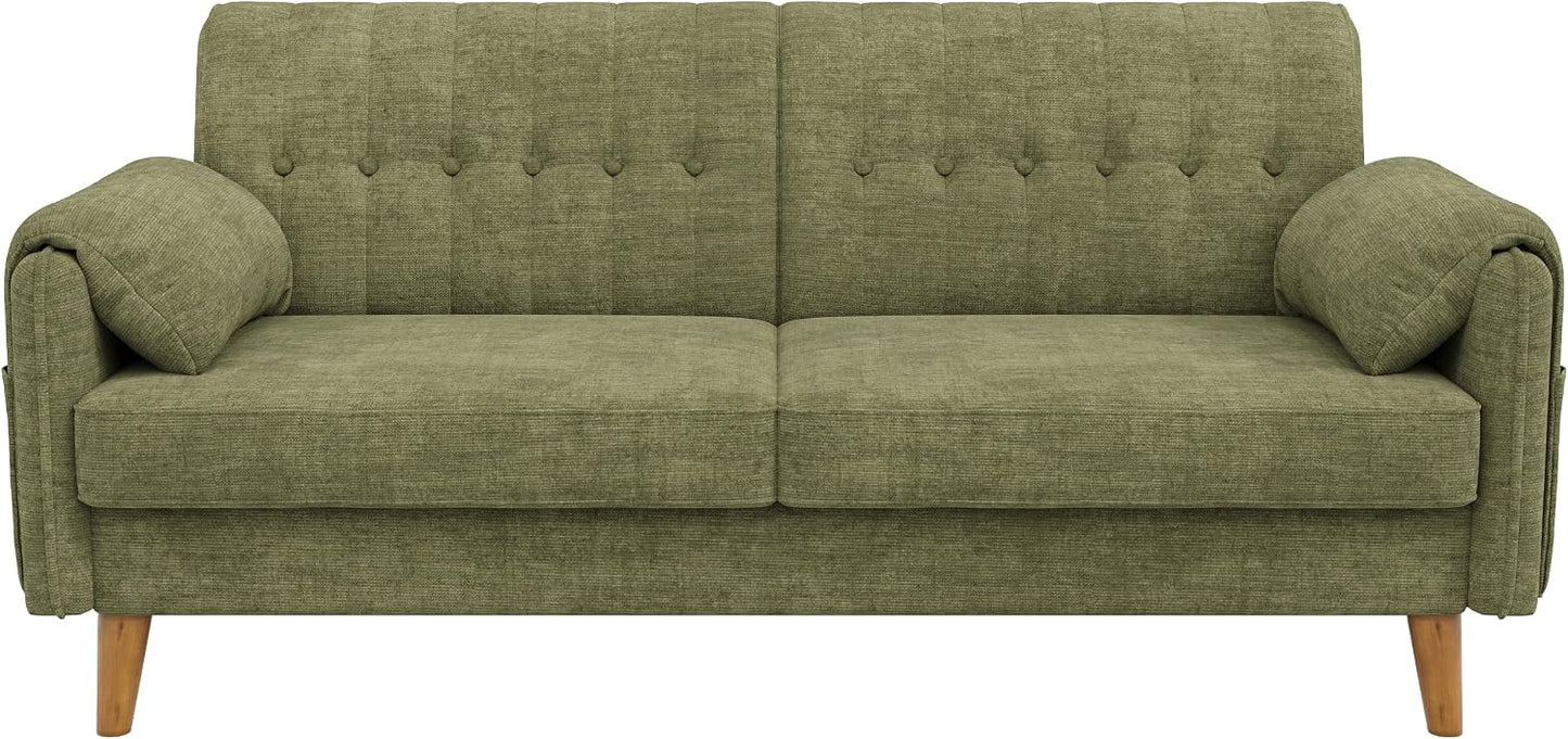 Modernes 2-Sitzer-Sofa aus Chenille mit dickem Sitzpolster, getufteter Rückenlehne, 2 Armlehnenkissen und Seitentaschen; Massivholzbeine, leicht zu montieren, ideal für Wohnung & kleine Räume, Green