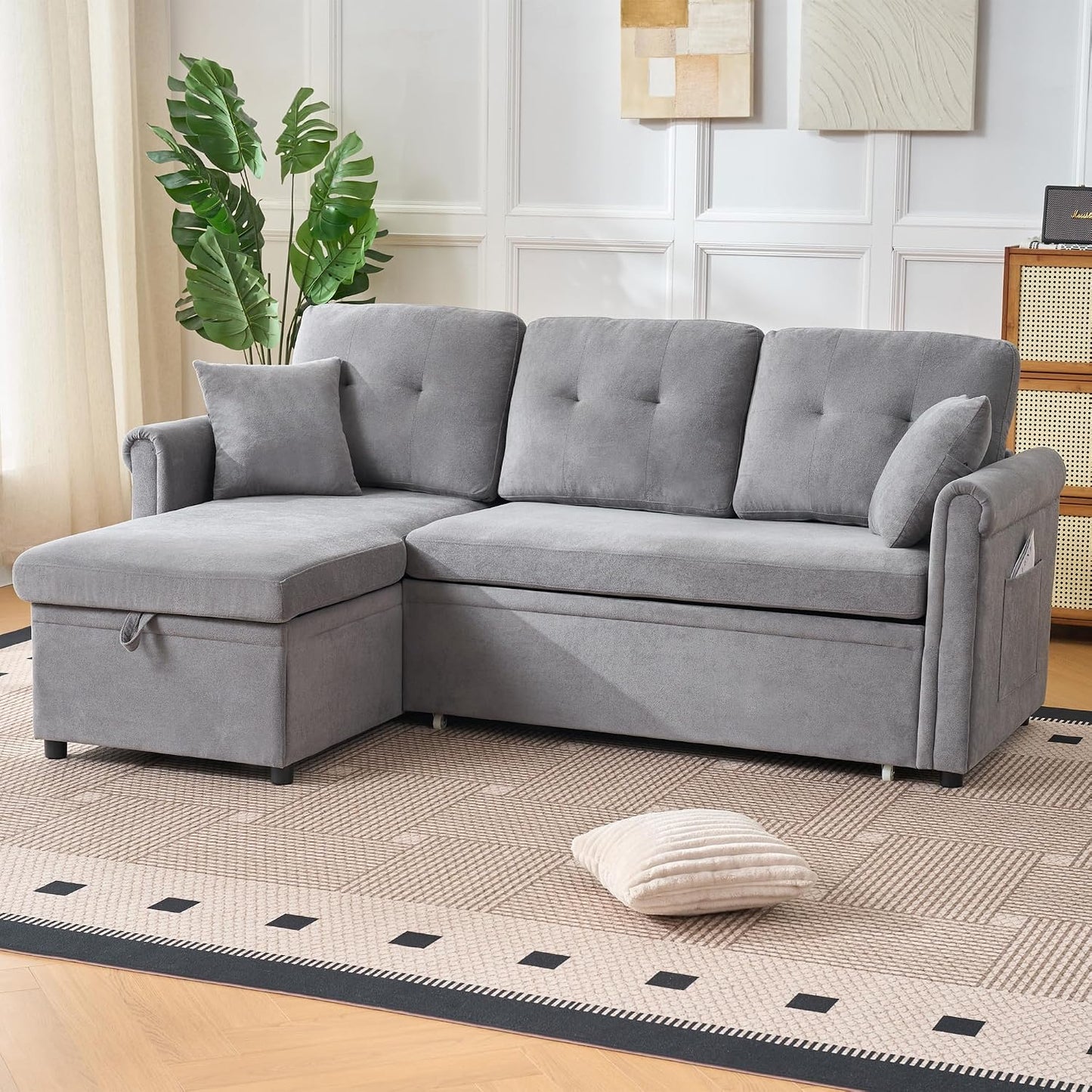 206cm Modulares 3-Sitzer L-förmige Ecksofa, Sofa mit Schlaffunktion, Grau | ausziehbarem Schlafsofa, Couch mit Stauraum und Seitentaschen, aus weichem Chenille, für Wohnzimmer und Schlafzimmer