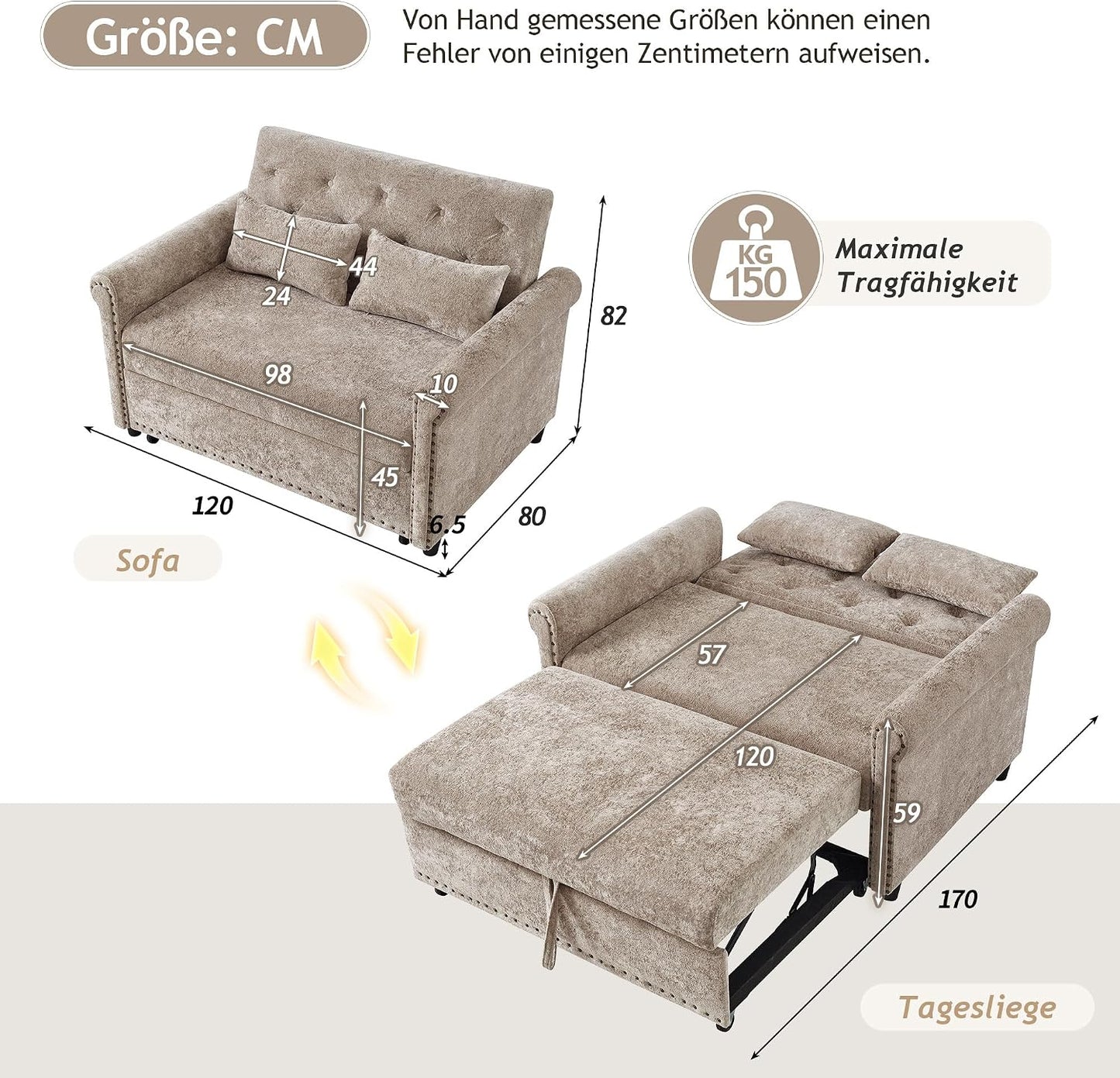 Multifunktional Schlafsofa, Couch mit Schlaffunktion, modulares 2-Sitzer Sofa mit 3-fach verstellbarer Rückenlehne und 2 Komfort-Kissen, aus Chenille-Stoff, Für Wohnzimmer und Schlafzimmer, Braun