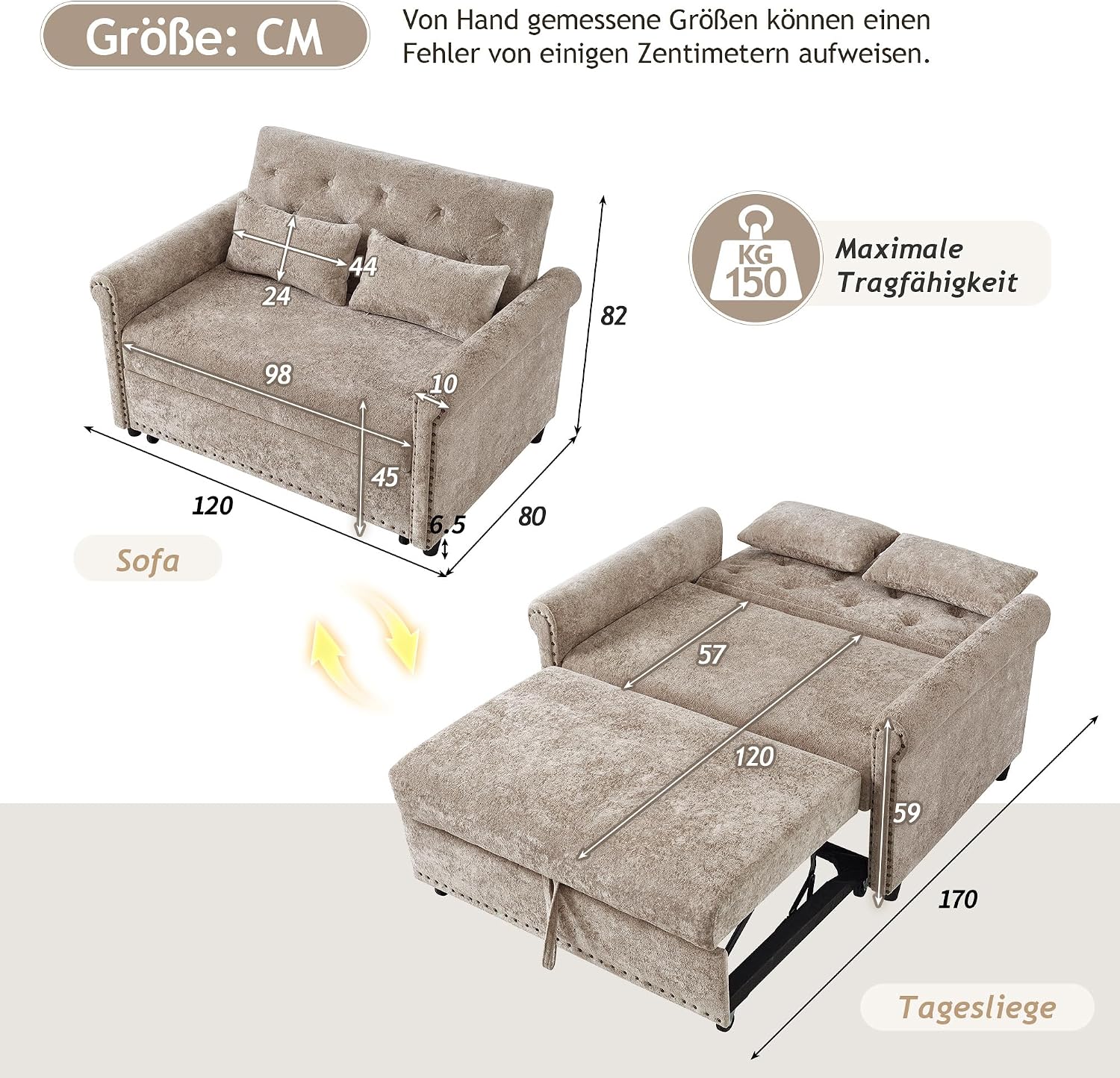 Multifunktional Schlafsofa, Couch mit Schlaffunktion, modulares 2-Sitzer Sofa mit 3-fach verstellbarer Rückenlehne und 2 Komfort-Kissen, aus Chenille-Stoff, Für Wohnzimmer und Schlafzimmer, Braun