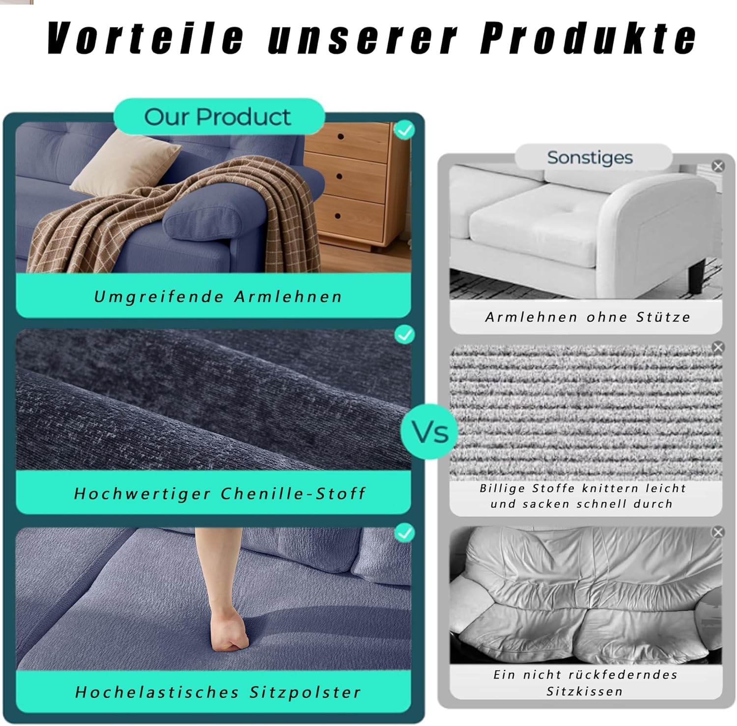 187cm Modulares L-förmige Ecksofa, Sofa mit Schlaffunktion, Schlafsofa aus weichem Chenille und Metallfüße, Bequemes Couch, Tiefes Sitzdesign, Für Wohnzimmer und Schlafzimmer, Blau