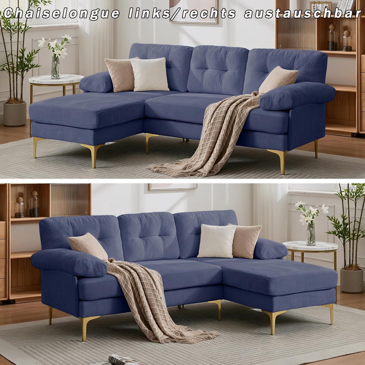 187cm Modulares L-förmige Ecksofa, Sofa mit Schlaffunktion, Schlafsofa aus weichem Chenille und Metallfüße, Bequemes Couch, Tiefes Sitzdesign, Für Wohnzimmer und Schlafzimmer, Blau