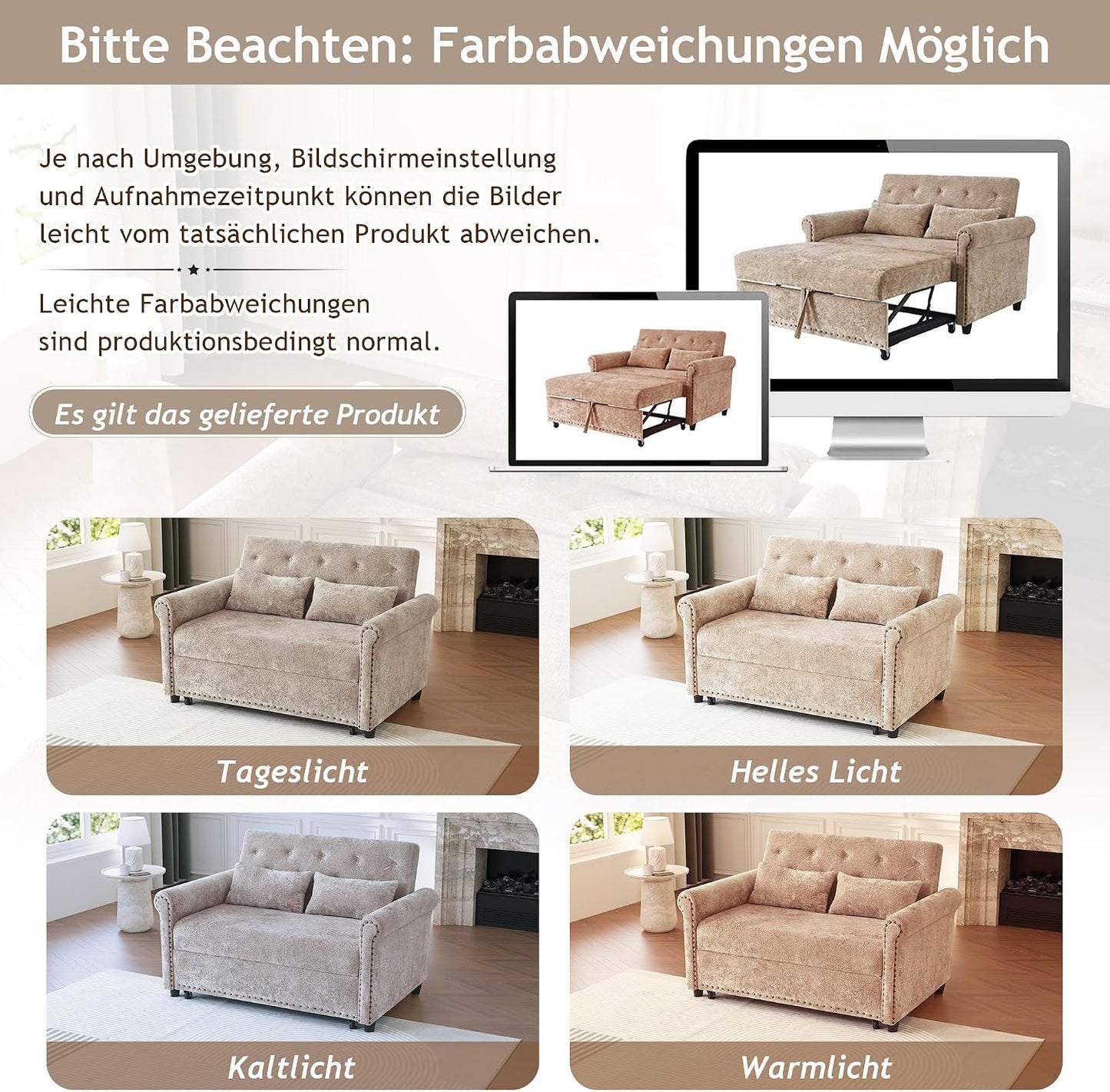 Multifunktional Schlafsofa, Couch mit Schlaffunktion, modulares 2-Sitzer Sofa mit 3-fach verstellbarer Rückenlehne und 2 Komfort-Kissen, aus Chenille-Stoff, Für Wohnzimmer und Schlafzimmer, Braun