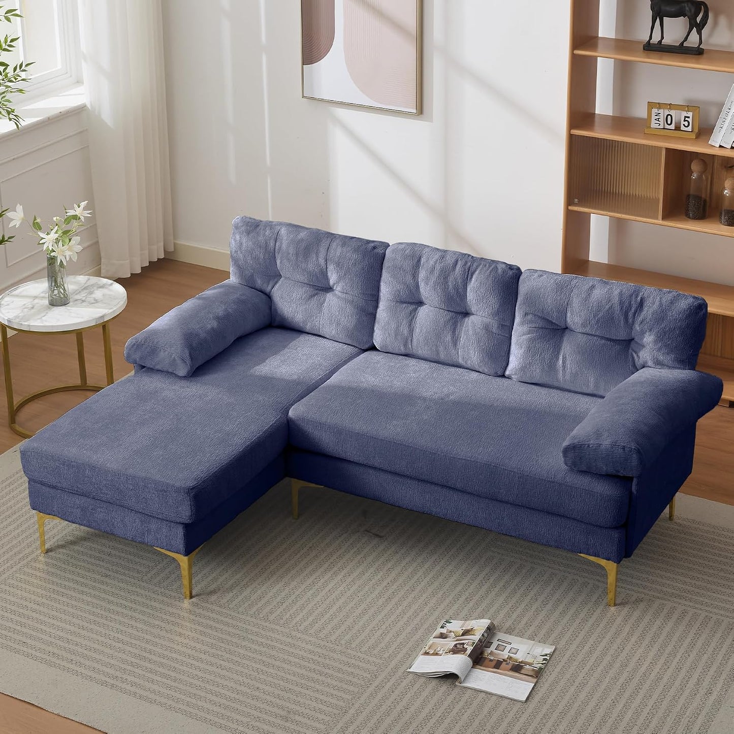 187cm Modulares L-förmige Ecksofa, Sofa mit Schlaffunktion, Schlafsofa aus weichem Chenille und Metallfüße, Bequemes Couch, Tiefes Sitzdesign, Für Wohnzimmer und Schlafzimmer, Blau