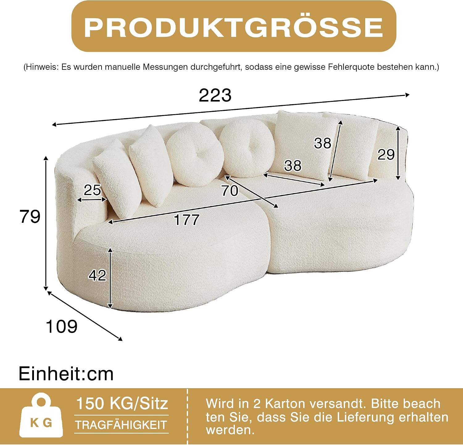 Modulares 3-Sitzer Sofa mit Schlaffunktion, Boneless Couch, aus weichem Chenille, mit 6-teiligem Kissen, gebogenes Design, Keine Montage, Für Wohnzimmer und Schlafzimmer, Beige