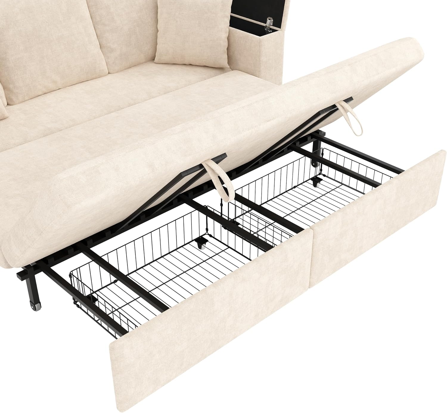 210cm Multifunktionales 3‑Sitzer Sofa mit Schlaffunktion, ausziehbarem Schlafsofa, Couch mit Stauraum, Armlehnen‑Stauraum und USB‑Ladeanschluss, Für Wohnzimmer und Schlafzimmer, Beige