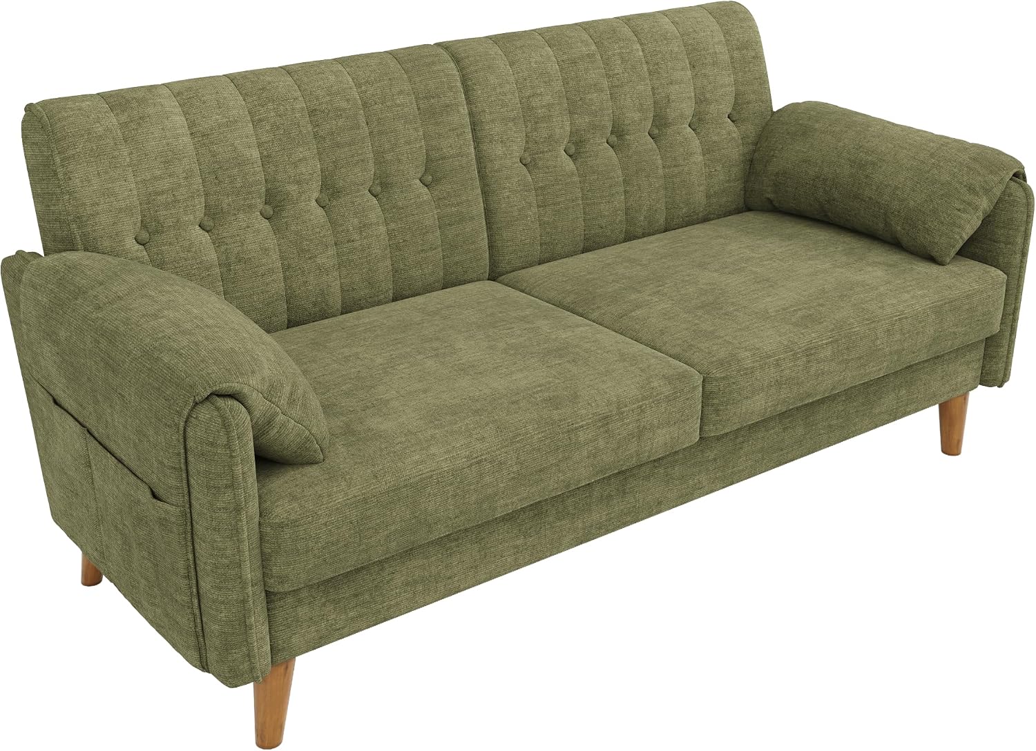 Modernes 2-Sitzer-Sofa aus Chenille mit dickem Sitzpolster, getufteter Rückenlehne, 2 Armlehnenkissen und Seitentaschen; Massivholzbeine, leicht zu montieren, ideal für Wohnung & kleine Räume, Green