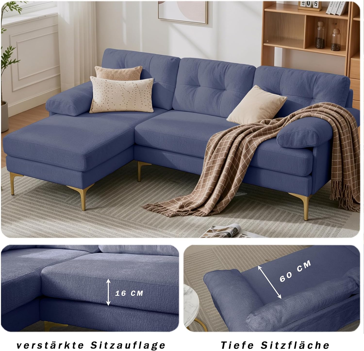 187cm Modulares L-förmige Ecksofa, Sofa mit Schlaffunktion, Schlafsofa aus weichem Chenille und Metallfüße, Bequemes Couch, Tiefes Sitzdesign, Für Wohnzimmer und Schlafzimmer, Blau