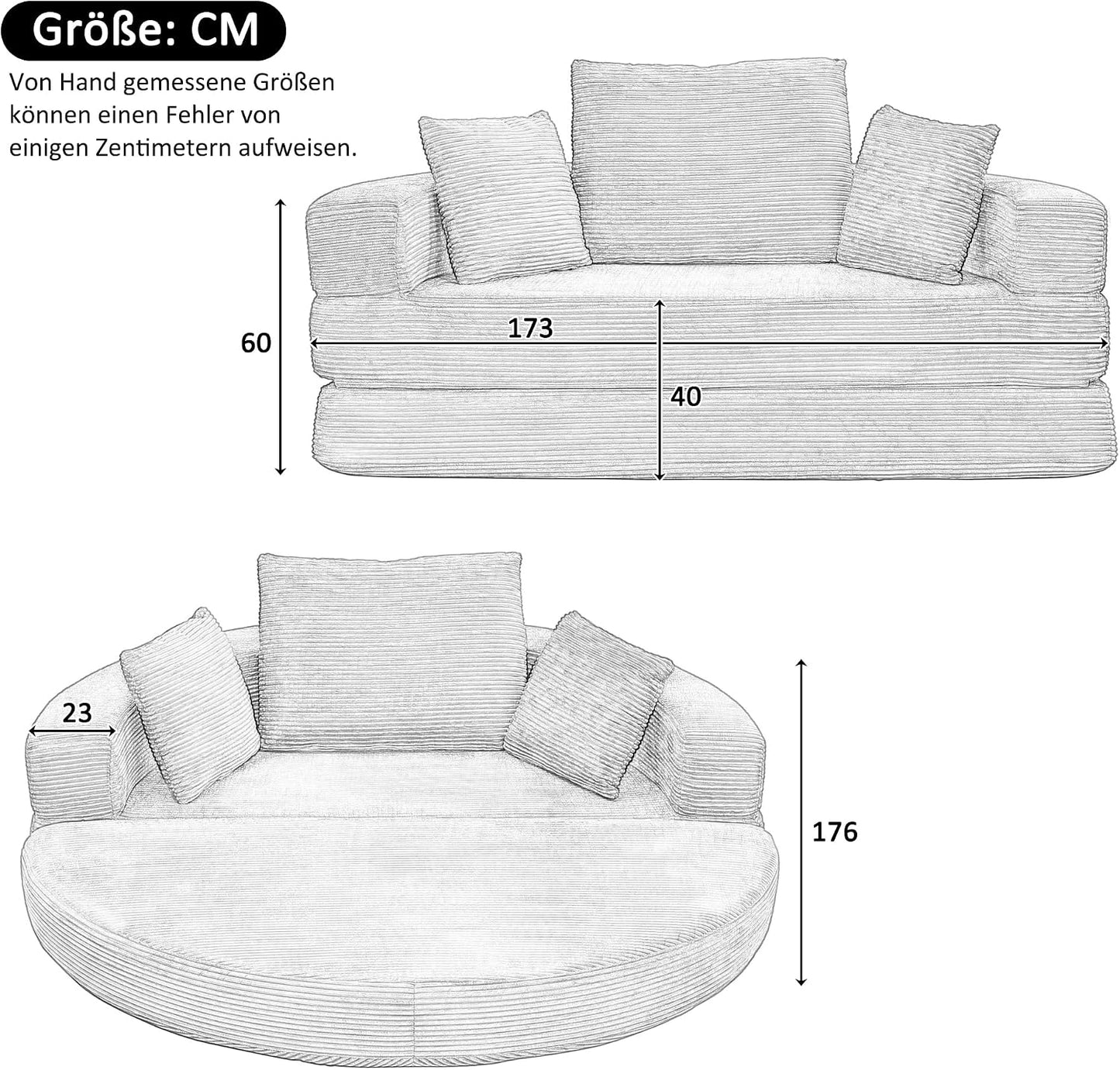 Multifunktionales freistehendes Klappsofabett (Boneless Couch) – Ovales Bett mit Kissen, modulares Sofa, Cordstoff-Bezug (173 x 176 cm), geeignet für Apartments, Wohnzimmer, Schlafzimmer (Braun Grau)