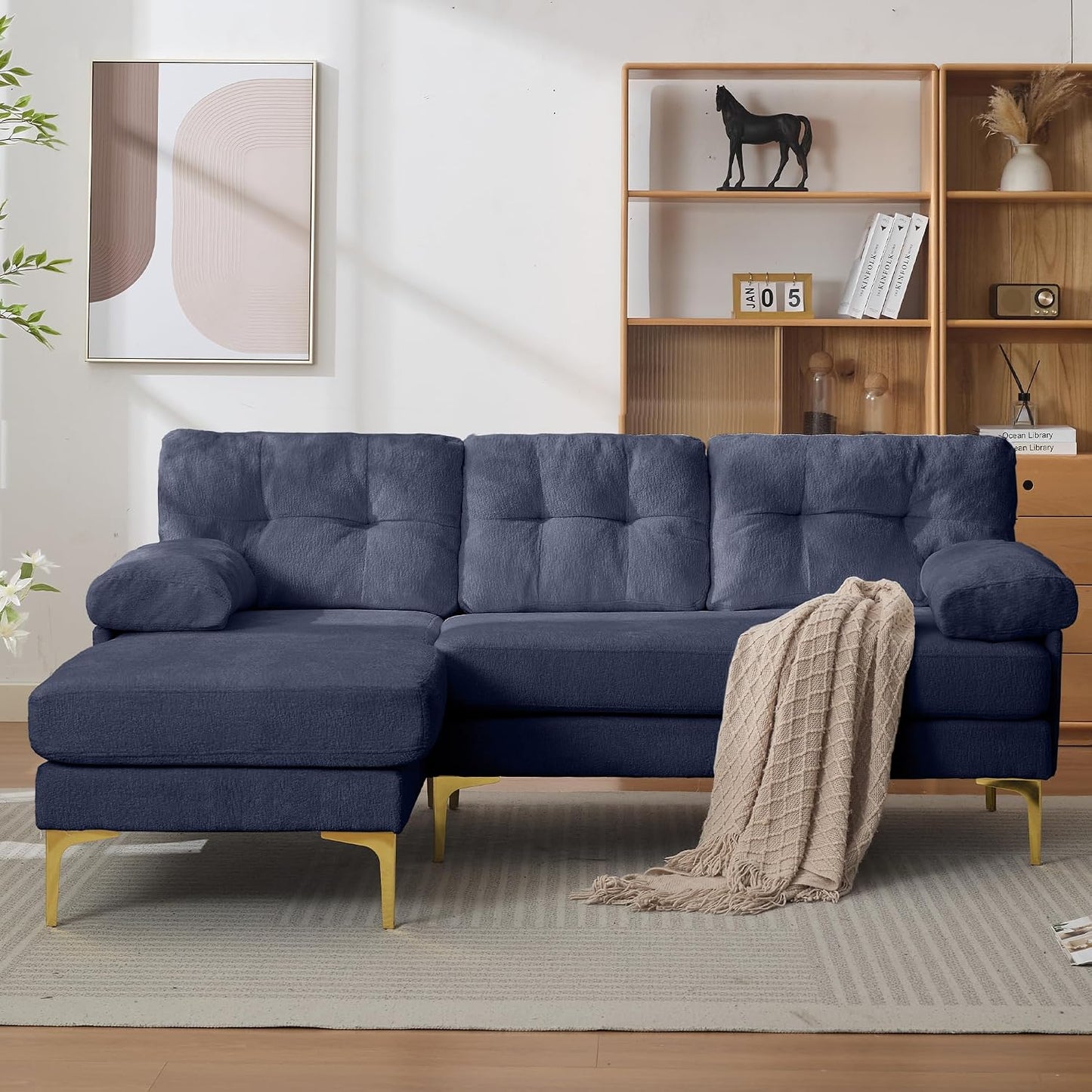 187cm Modulares L-förmige Ecksofa, Sofa mit Schlaffunktion, Schlafsofa aus weichem Chenille und Metallfüße, Bequemes Couch, Tiefes Sitzdesign, Für Wohnzimmer und Schlafzimmer, Blau