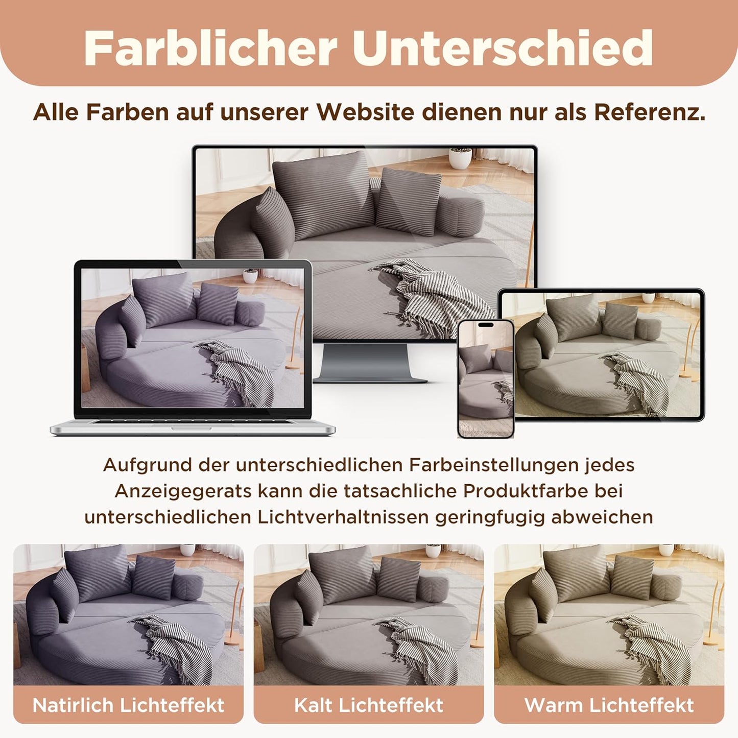 Multifunktionales freistehendes Klappsofabett (Boneless Couch) – Ovales Bett mit Kissen, modulares Sofa, Cordstoff-Bezug (173 x 176 cm), geeignet für Apartments, Wohnzimmer, Schlafzimmer (Braun Grau)