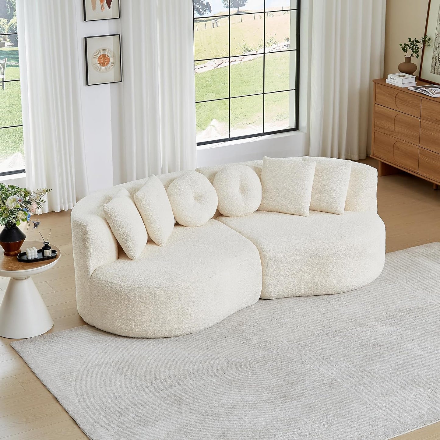 Modulares 3-Sitzer Sofa mit Schlaffunktion, Boneless Couch, aus weichem Chenille, mit 6-teiligem Kissen, gebogenes Design, Keine Montage, Für Wohnzimmer und Schlafzimmer, Beige
