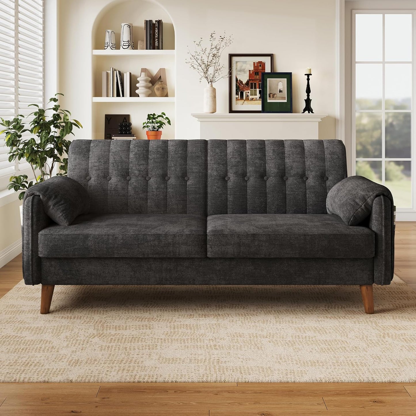 161cm Modernes 2-Sitzer-Sofa aus weichem Chenille, Sofa mit Schlaffunktion | Couch mit 2 Armlehnenkissen und Seitentaschen, Massivholzbeine, leicht zu montieren, ideal für Wohnung & kleine Räume