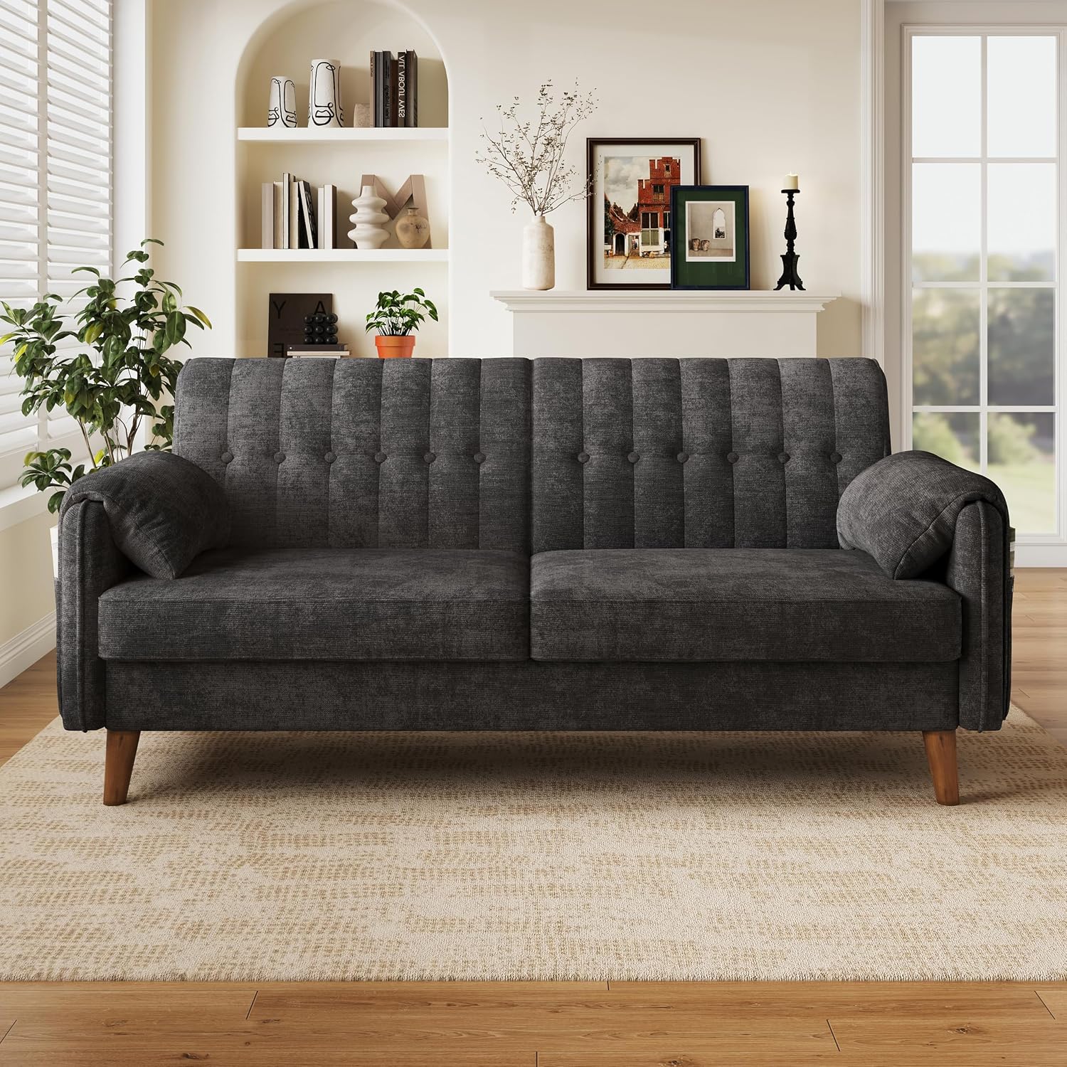 161cm Modernes 2-Sitzer-Sofa aus weichem Chenille, Sofa mit Schlaffunktion | Couch mit 2 Armlehnenkissen und Seitentaschen, Massivholzbeine, leicht zu montieren, ideal für Wohnung & kleine Räume