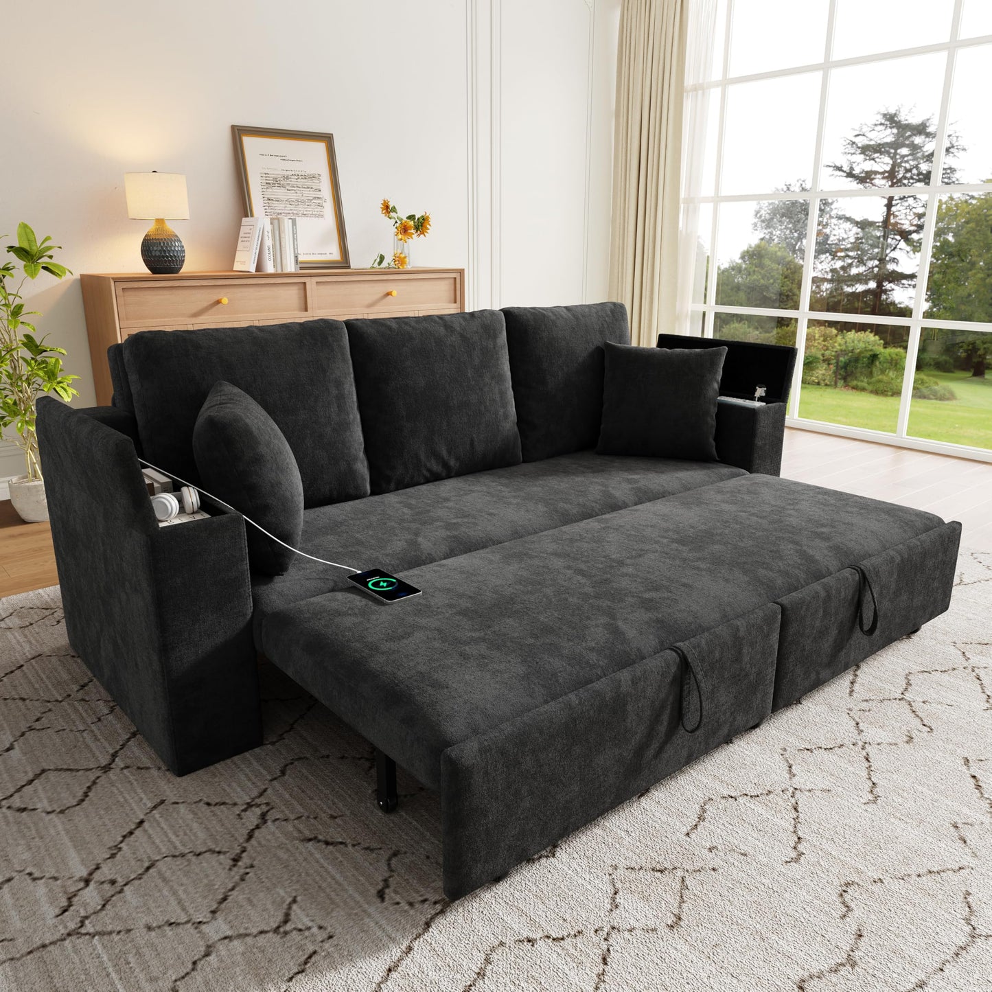 210cm Multifunktionales 3‑Sitzer Sofa mit Schlaffunktion, ausziehbarem Schlafsofa, Couch mit Stauraum, Armlehnen‑Stauraum und USB‑Ladeanschluss, Für Wohnzimmer und Schlafzimmer, Beige