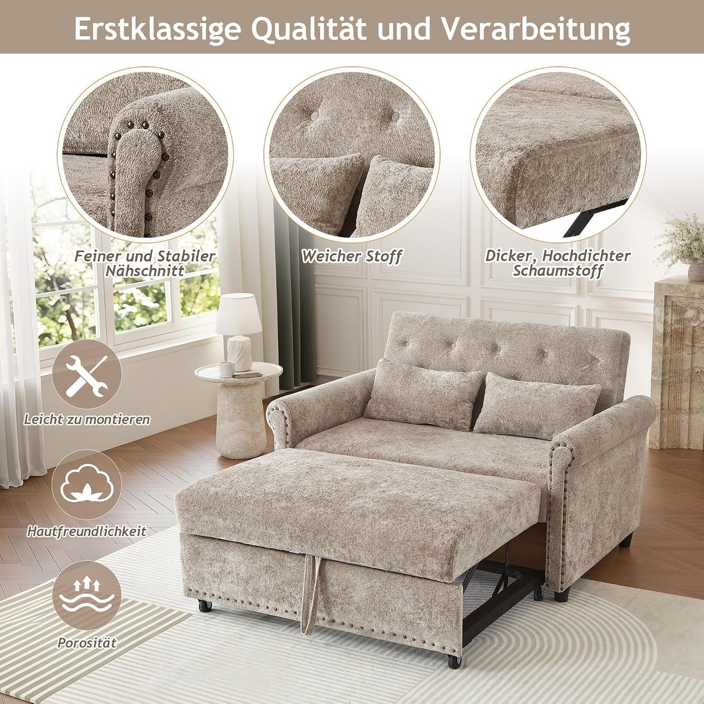 Multifunktional Schlafsofa, Couch mit Schlaffunktion, modulares 2-Sitzer Sofa mit 3-fach verstellbarer Rückenlehne und 2 Komfort-Kissen, aus Chenille-Stoff, Für Wohnzimmer und Schlafzimmer, Braun
