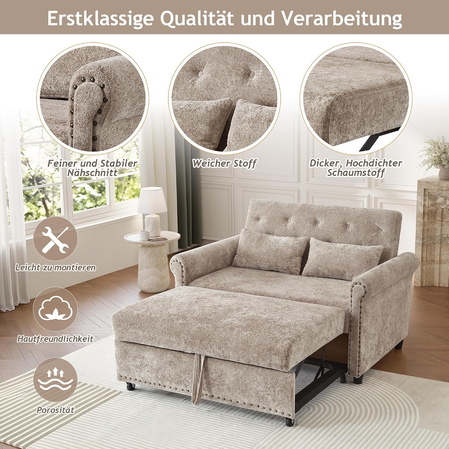 Multifunktional Schlafsofa, Couch mit Schlaffunktion, modulares 2-Sitzer Sofa mit 3-fach verstellbarer Rückenlehne und 2 Komfort-Kissen, aus Chenille-Stoff, Für Wohnzimmer und Schlafzimmer, Braun