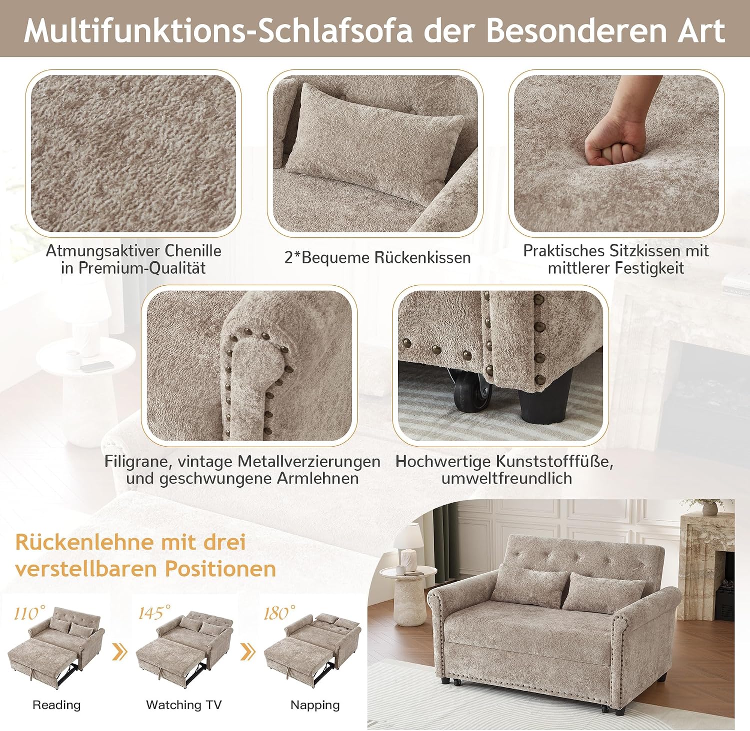 Multifunktional Schlafsofa, Couch mit Schlaffunktion, modulares 2-Sitzer Sofa mit 3-fach verstellbarer Rückenlehne und 2 Komfort-Kissen, aus Chenille-Stoff, Für Wohnzimmer und Schlafzimmer, Braun