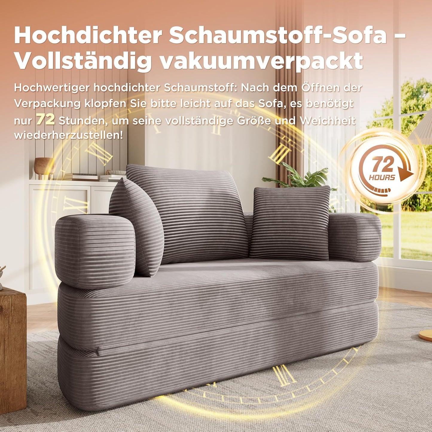 Multifunktionales freistehendes Klappsofabett (Boneless Couch) – Ovales Bett mit Kissen, modulares Sofa, Cordstoff-Bezug (173 x 176 cm), geeignet für Apartments, Wohnzimmer, Schlafzimmer (Braun Grau)