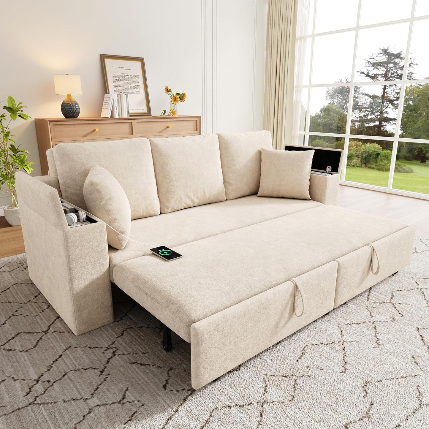 210cm Multifunktionales 3‑Sitzer Sofa mit Schlaffunktion, ausziehbarem Schlafsofa, Couch mit Stauraum, Armlehnen‑Stauraum und USB‑Ladeanschluss, Für Wohnzimmer und Schlafzimmer, Beige