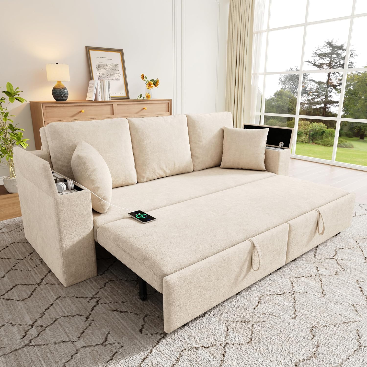 210cm Multifunktionales 3‑Sitzer Sofa mit Schlaffunktion, ausziehbarem Schlafsofa, Couch mit Stauraum, Armlehnen‑Stauraum und USB‑Ladeanschluss, Für Wohnzimmer und Schlafzimmer, Beige