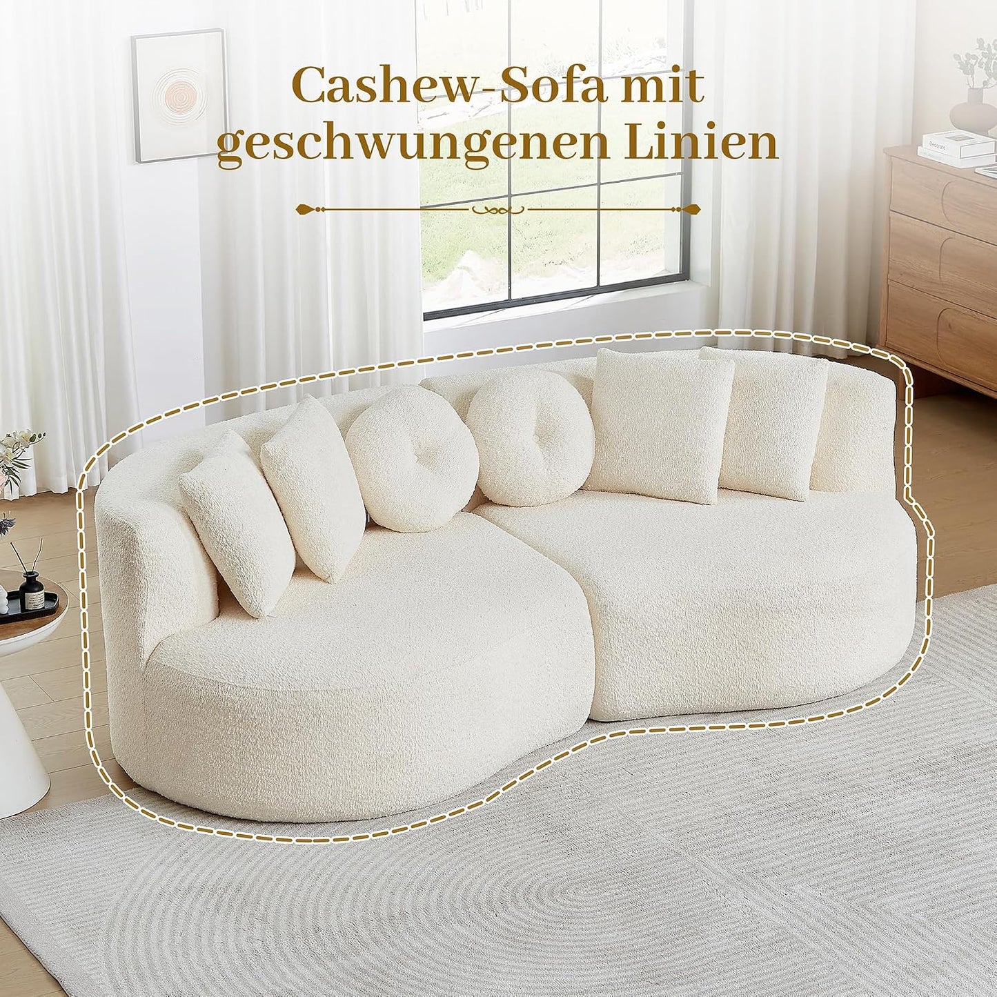 Modulares 3-Sitzer Sofa mit Schlaffunktion, Boneless Couch, aus weichem Chenille, mit 6-teiligem Kissen, gebogenes Design, Keine Montage, Für Wohnzimmer und Schlafzimmer, Beige