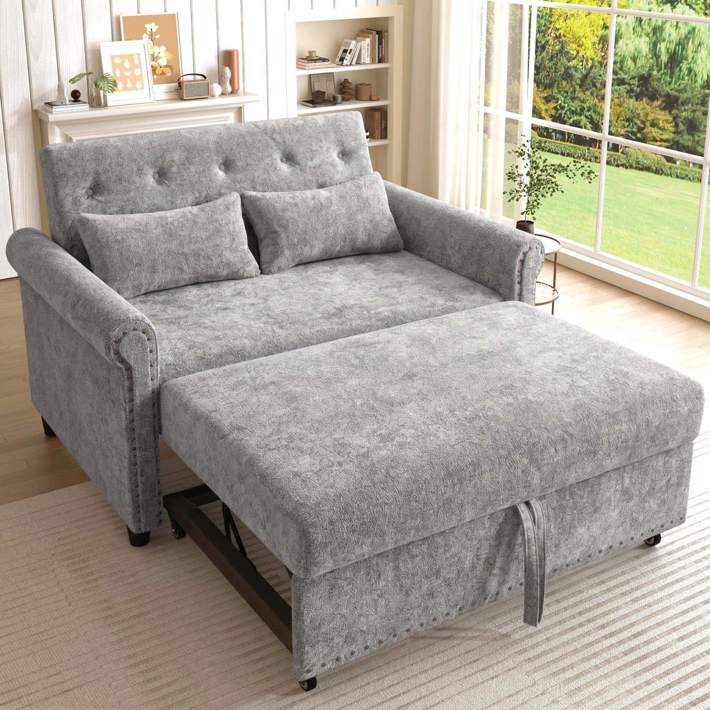 Multifunktional Schlafsofa, Couch mit Schlaffunktion, modulares 2-Sitzer Sofa mit 3-fach verstellbarer Rückenlehne und 2 Komfort-Kissen, aus Chenille-Stoff, Für Wohnzimmer und Schlafzimmer, Braun