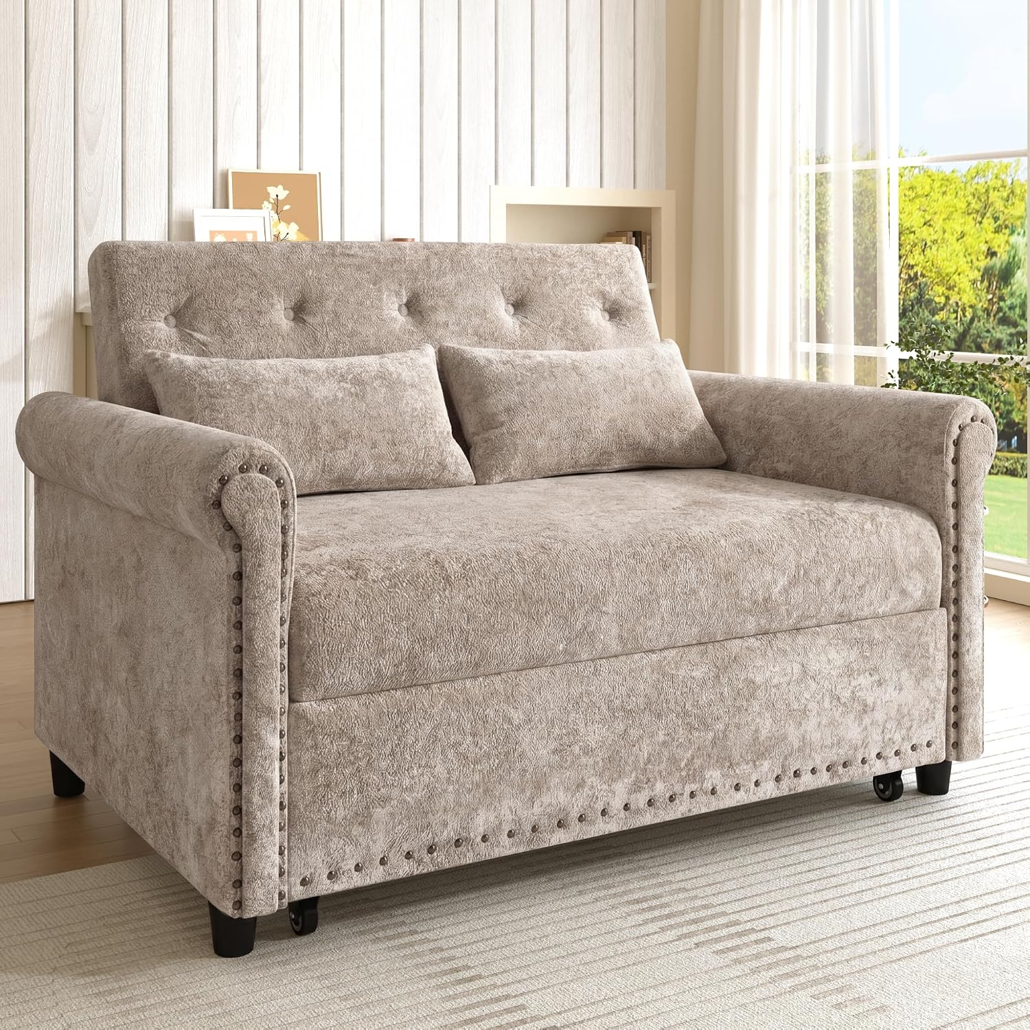 Multifunktional Schlafsofa, Couch mit Schlaffunktion, modulares 2-Sitzer Sofa mit 3-fach verstellbarer Rückenlehne und 2 Komfort-Kissen, aus Chenille-Stoff, Für Wohnzimmer und Schlafzimmer, Braun