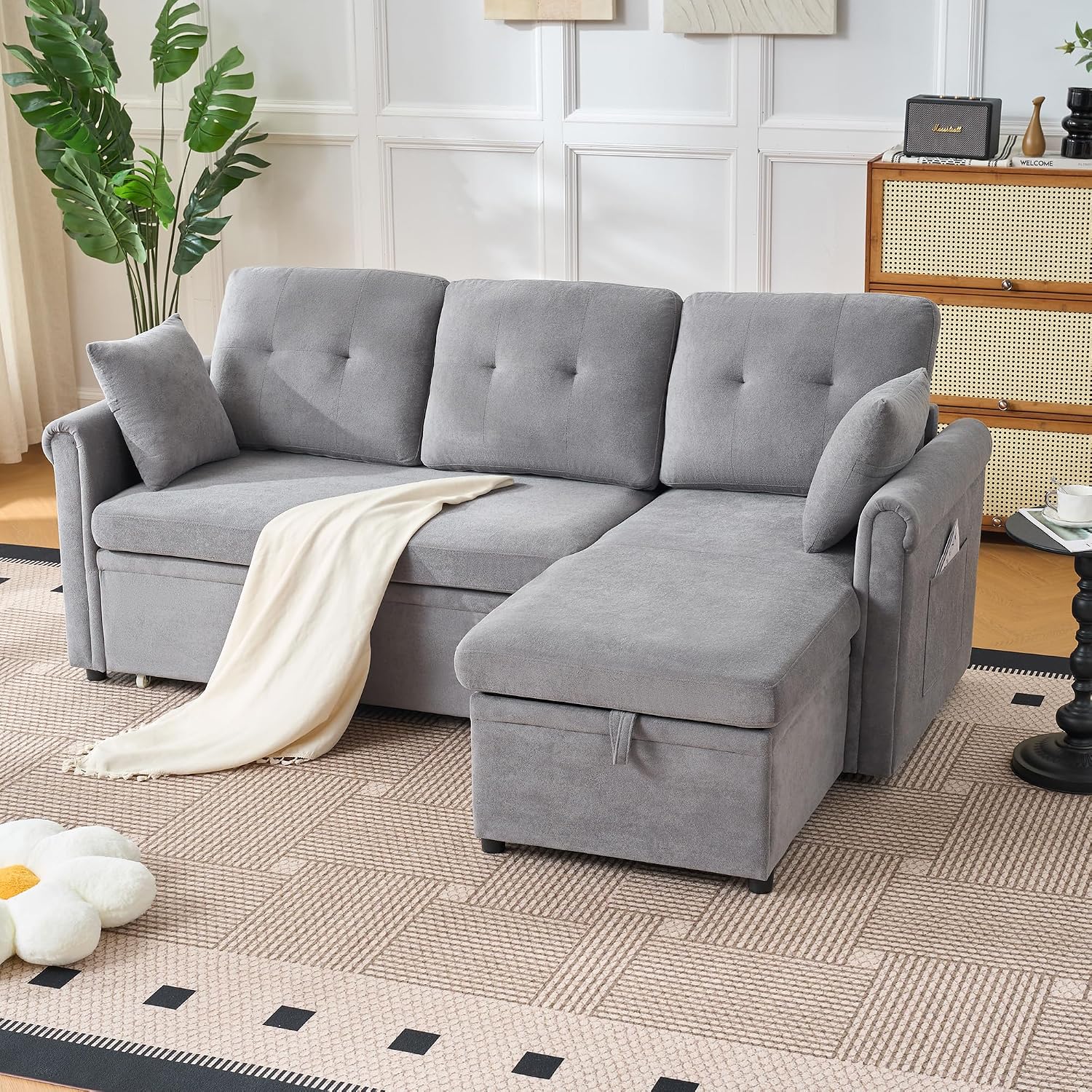 206cm Modulares 3-Sitzer L-förmige Ecksofa, Sofa mit Schlaffunktion, Grau | ausziehbarem Schlafsofa, Couch mit Stauraum und Seitentaschen, aus weichem Chenille, für Wohnzimmer und Schlafzimmer