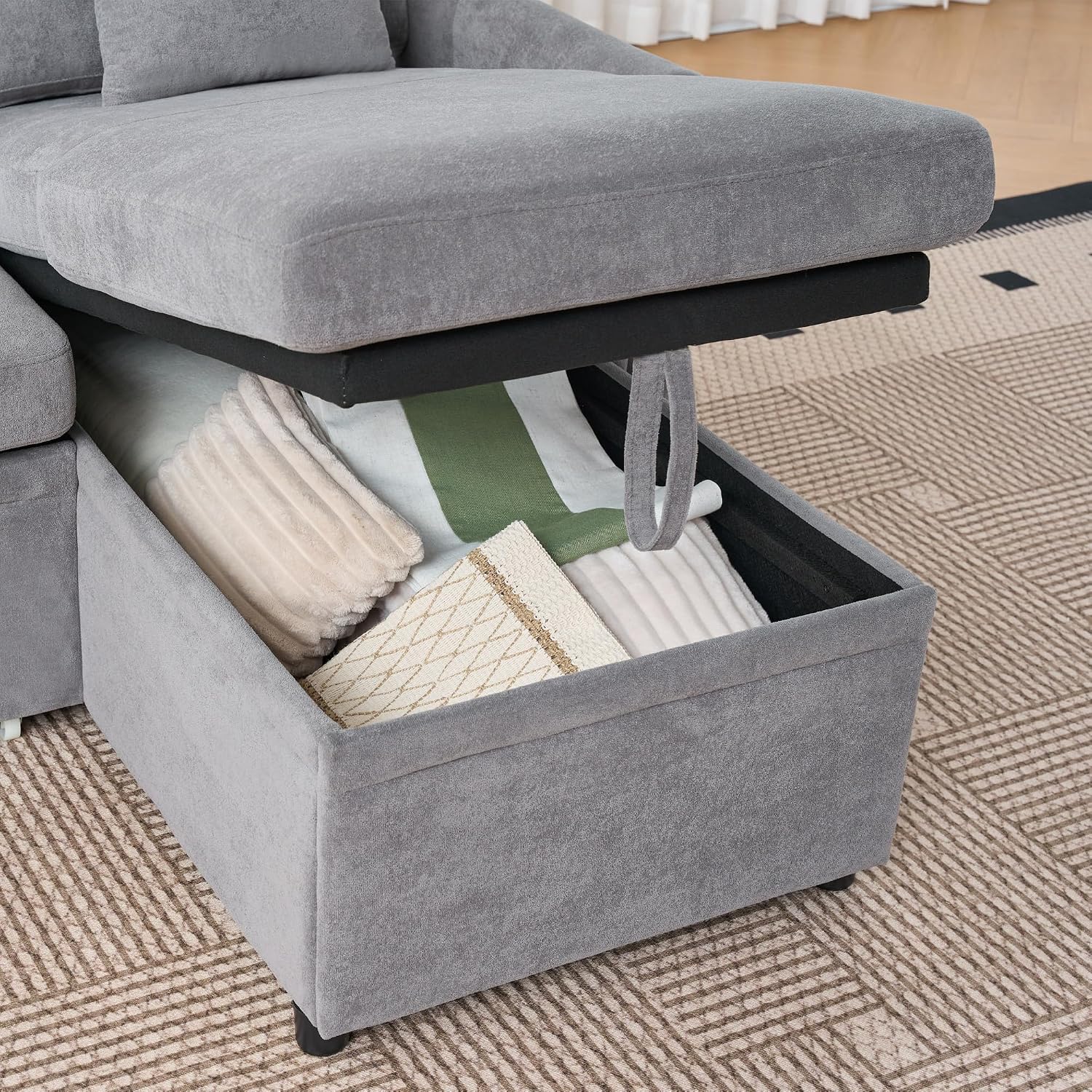 206cm Modulares 3-Sitzer L-förmige Ecksofa, Sofa mit Schlaffunktion, Grau | ausziehbarem Schlafsofa, Couch mit Stauraum und Seitentaschen, aus weichem Chenille, für Wohnzimmer und Schlafzimmer