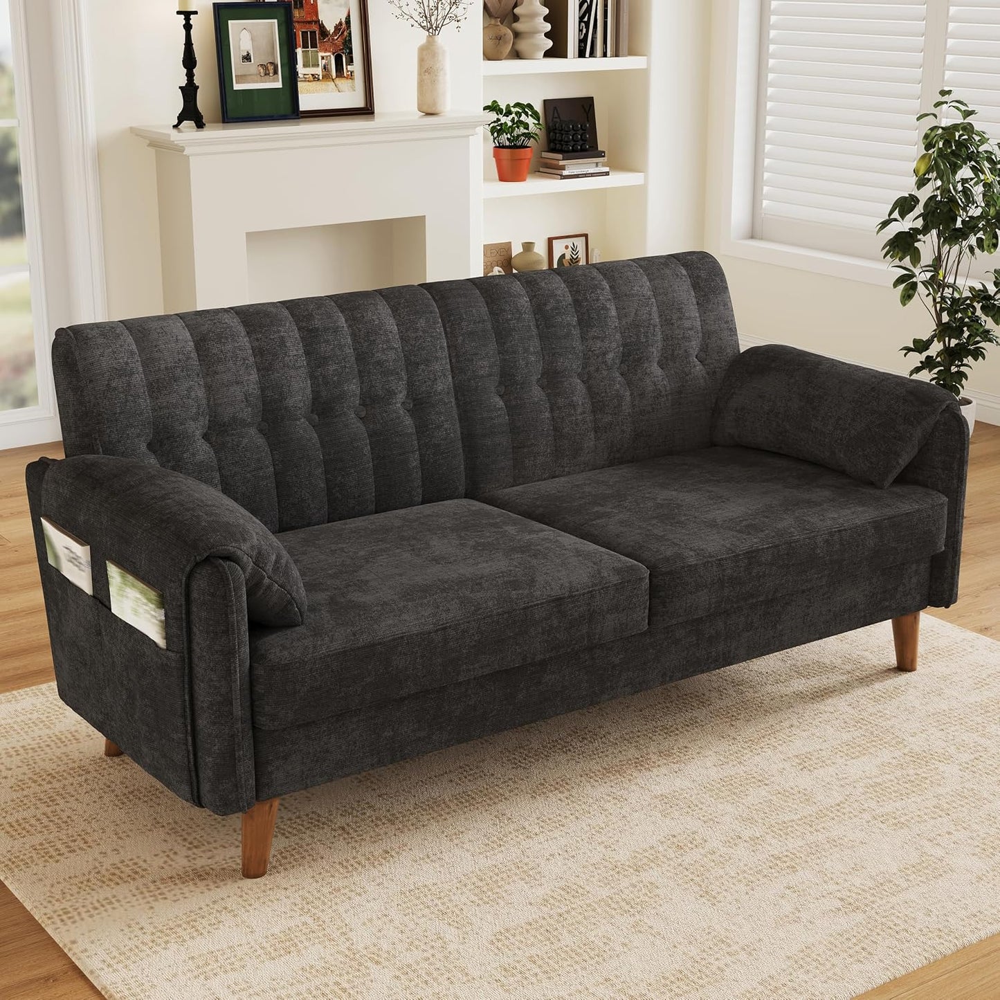 161cm Modernes 2-Sitzer-Sofa aus weichem Chenille, Sofa mit Schlaffunktion | Couch mit 2 Armlehnenkissen und Seitentaschen, Massivholzbeine, leicht zu montieren, ideal für Wohnung & kleine Räume