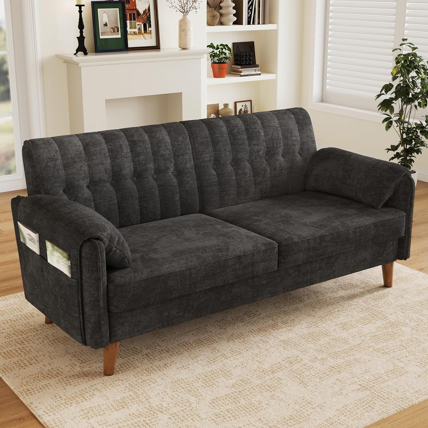 161cm Modernes 2-Sitzer-Sofa aus weichem Chenille, Sofa mit Schlaffunktion | Couch mit 2 Armlehnenkissen und Seitentaschen, Massivholzbeine, leicht zu montieren, ideal für Wohnung & kleine Räume