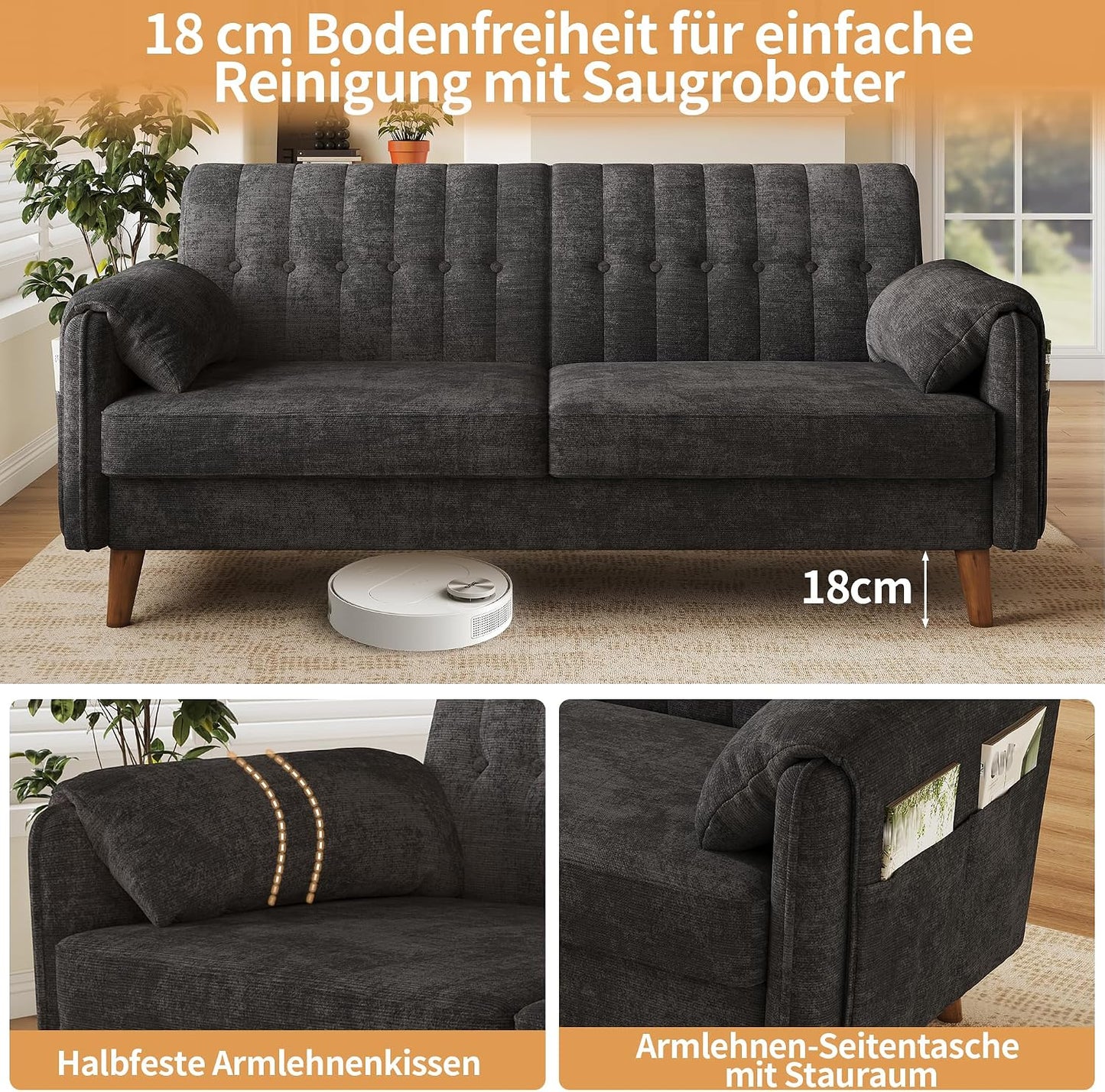 161cm Modernes 2-Sitzer-Sofa aus weichem Chenille, Sofa mit Schlaffunktion | Couch mit 2 Armlehnenkissen und Seitentaschen, Massivholzbeine, leicht zu montieren, ideal für Wohnung & kleine Räume