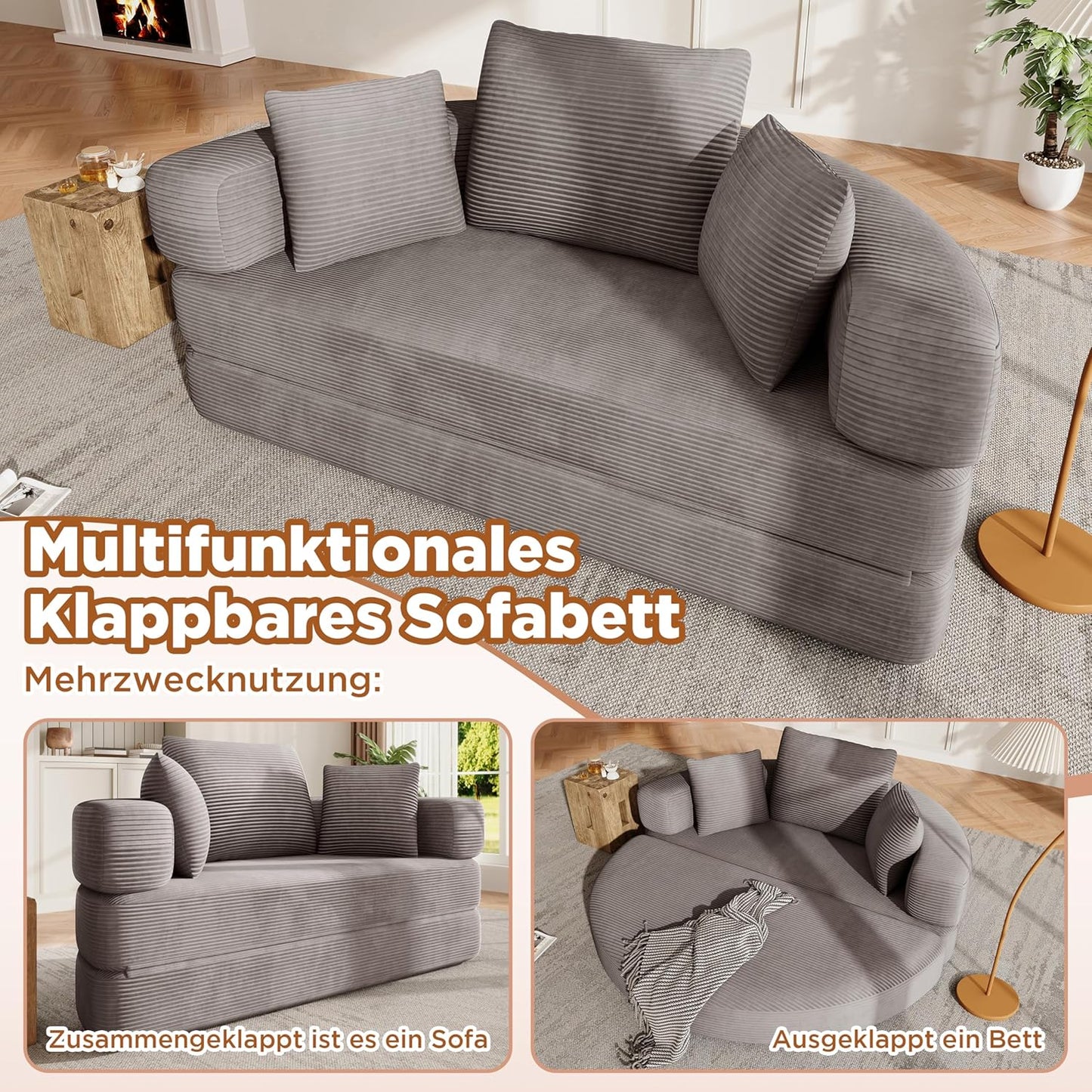 Multifunktionales freistehendes Klappsofabett (Boneless Couch) – Ovales Bett mit Kissen, modulares Sofa, Cordstoff-Bezug (173 x 176 cm), geeignet für Apartments, Wohnzimmer, Schlafzimmer (Braun Grau)
