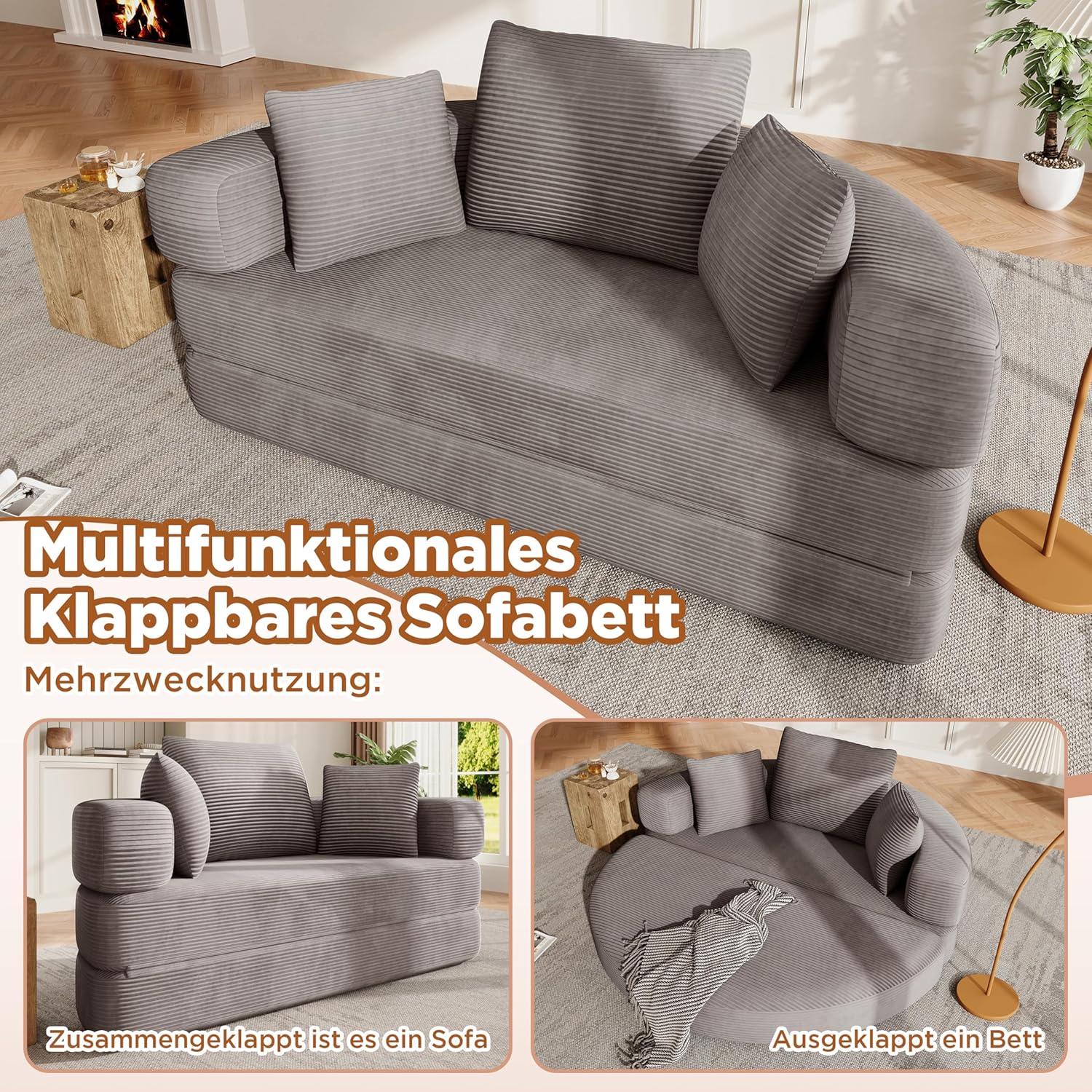 Multifunktionales freistehendes Klappsofabett (Boneless Couch) – Ovales Bett mit Kissen, modulares Sofa, Cordstoff-Bezug (173 x 176 cm), geeignet für Apartments, Wohnzimmer, Schlafzimmer (Braun Grau)